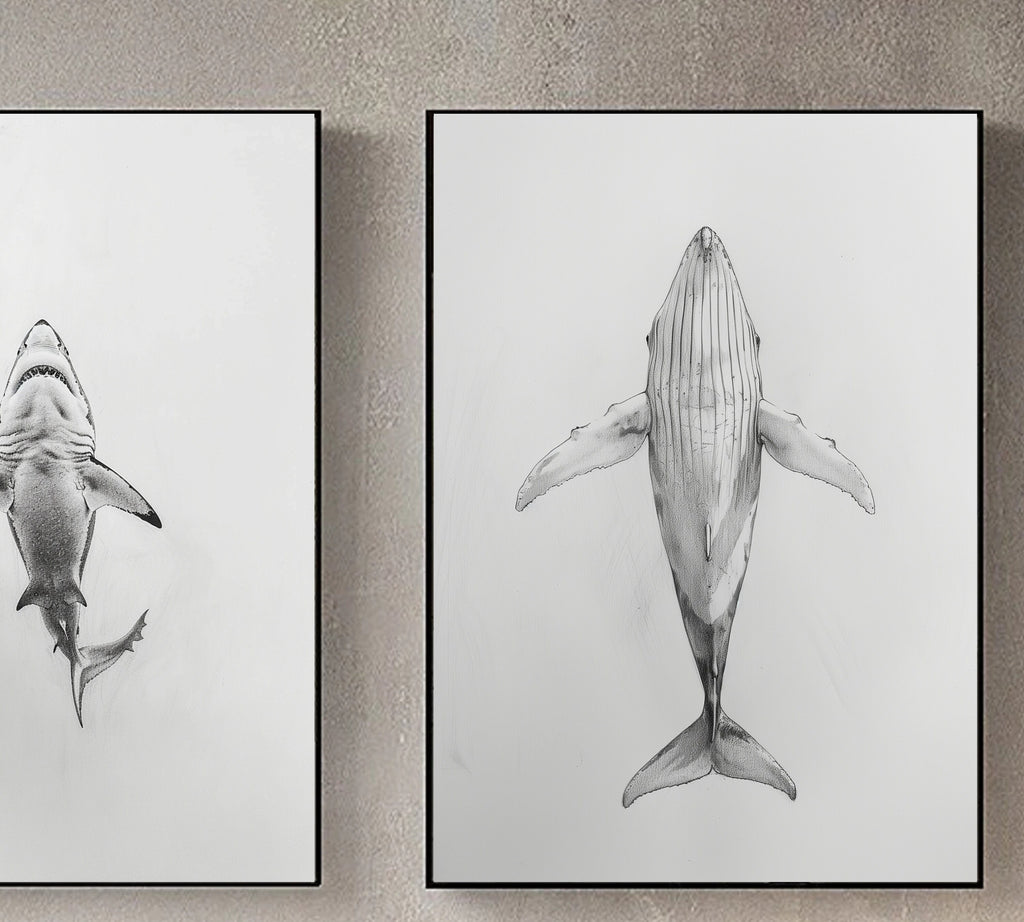 Ocean Giants - Pencil Sketch of Whale and Shark from Below - Marine Life Art - Wall Decor