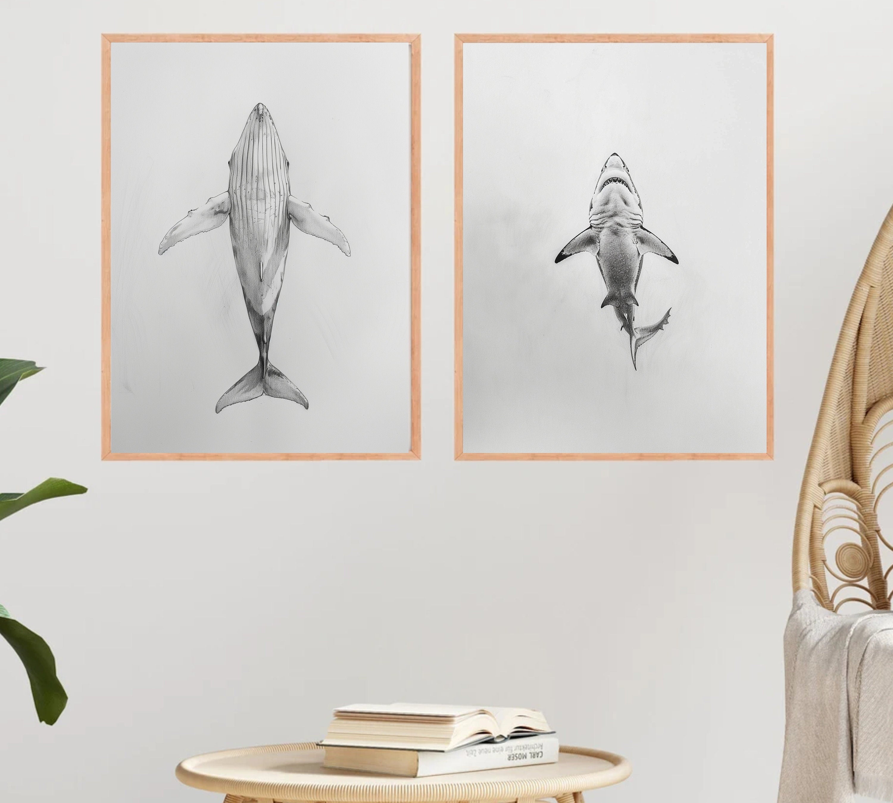 Ocean Giants - Pencil Sketch of Whale and Shark from Below - Marine Life Art - Wall Decor