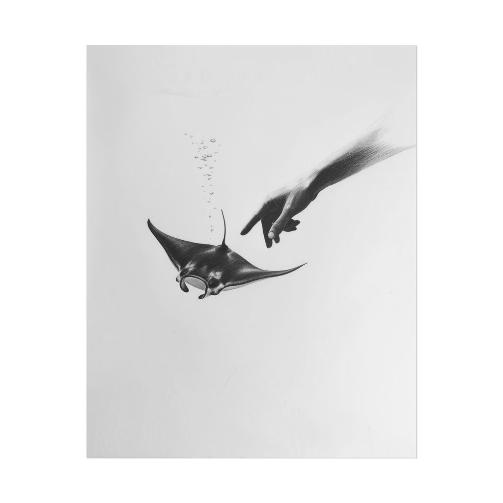 Ethereal Pencil Drawing – Hand Reaching into Water to Touch a Manta Ray