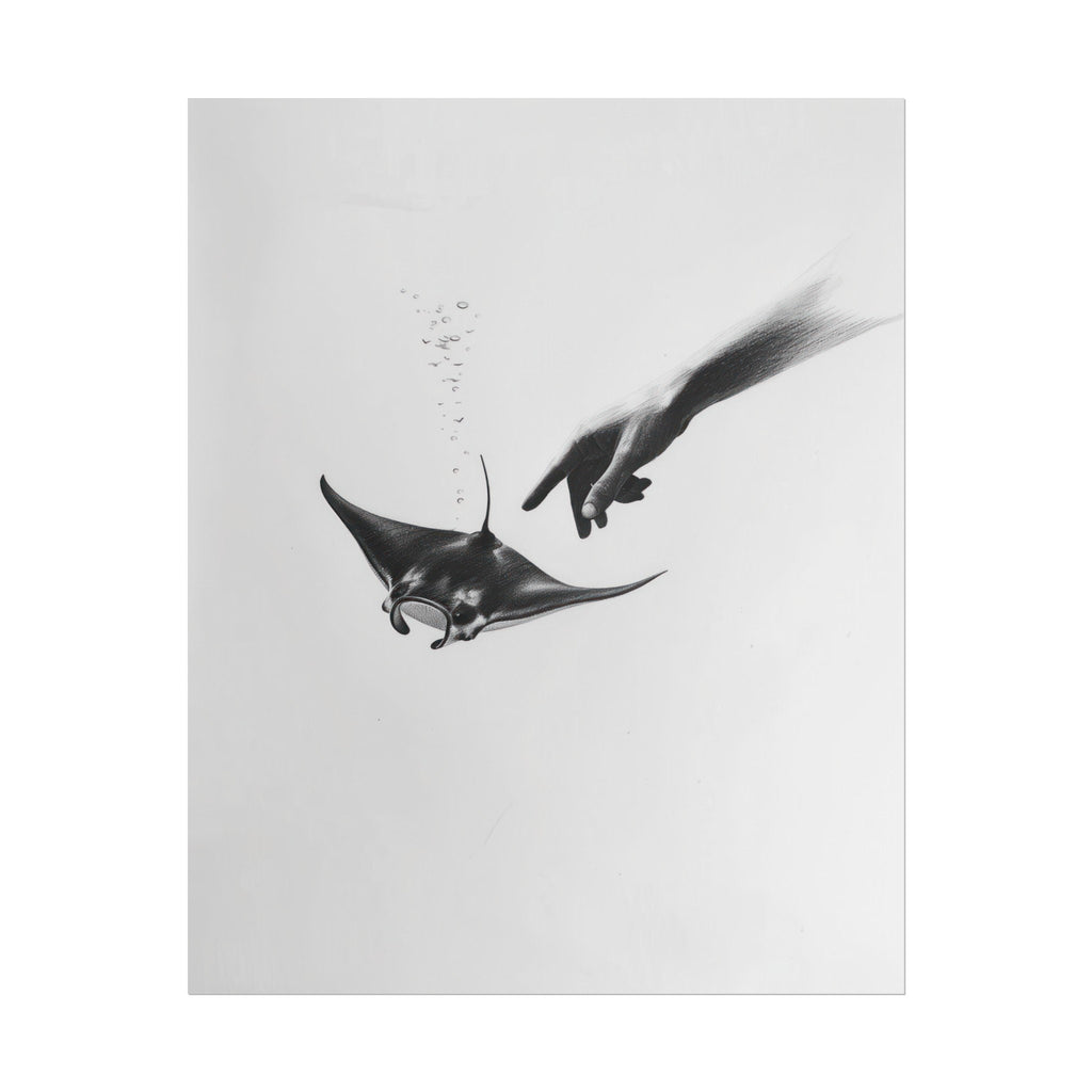 Ethereal Pencil Drawing – Hand Reaching into Water to Touch a Manta Ray