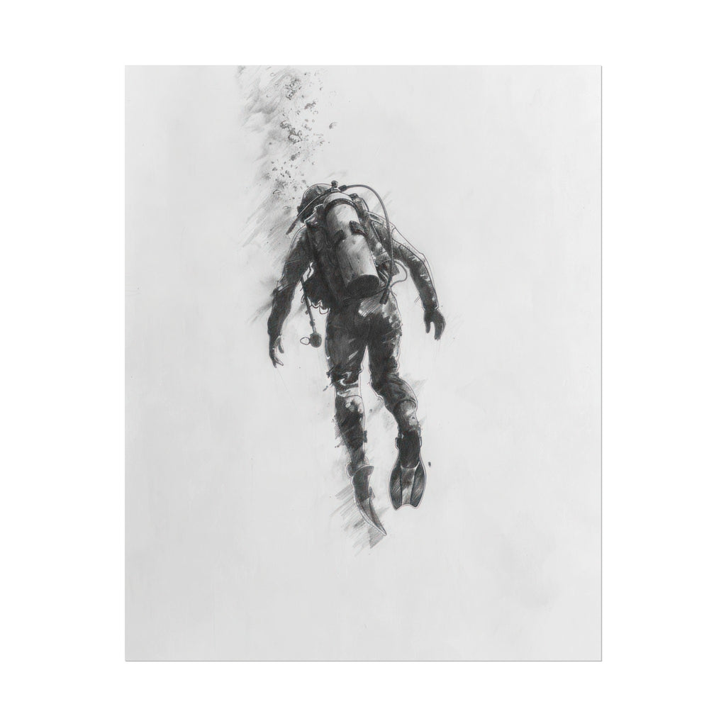 Deep Sea Diver Pencil Drawing – Minimalist Ocean Exploration Art