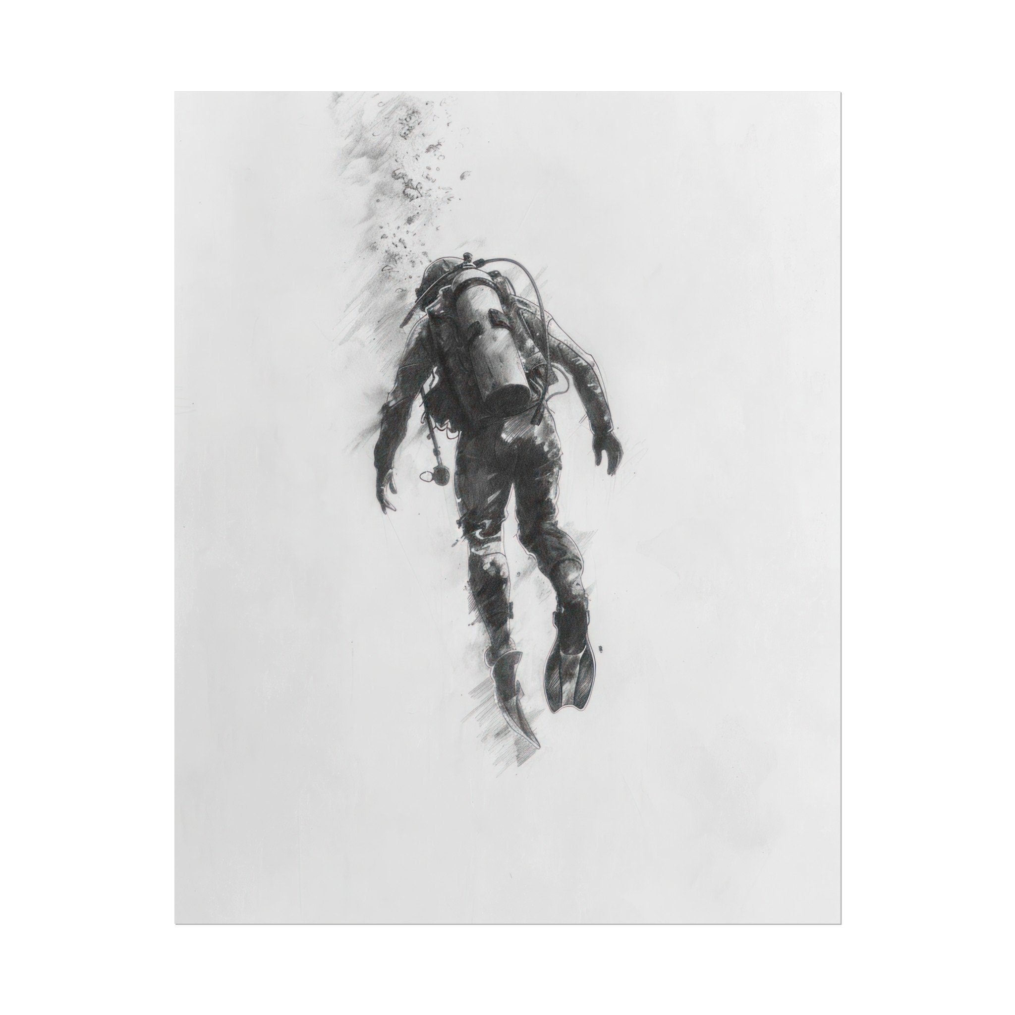 Deep Sea Diver Pencil Drawing – Minimalist Ocean Exploration Art