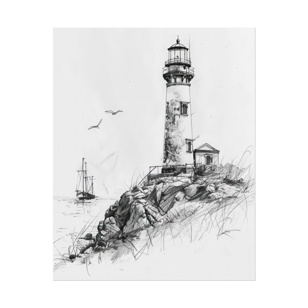 Vintage Lighthouse Pencil Drawing – Nautical Coastal Wall Art
