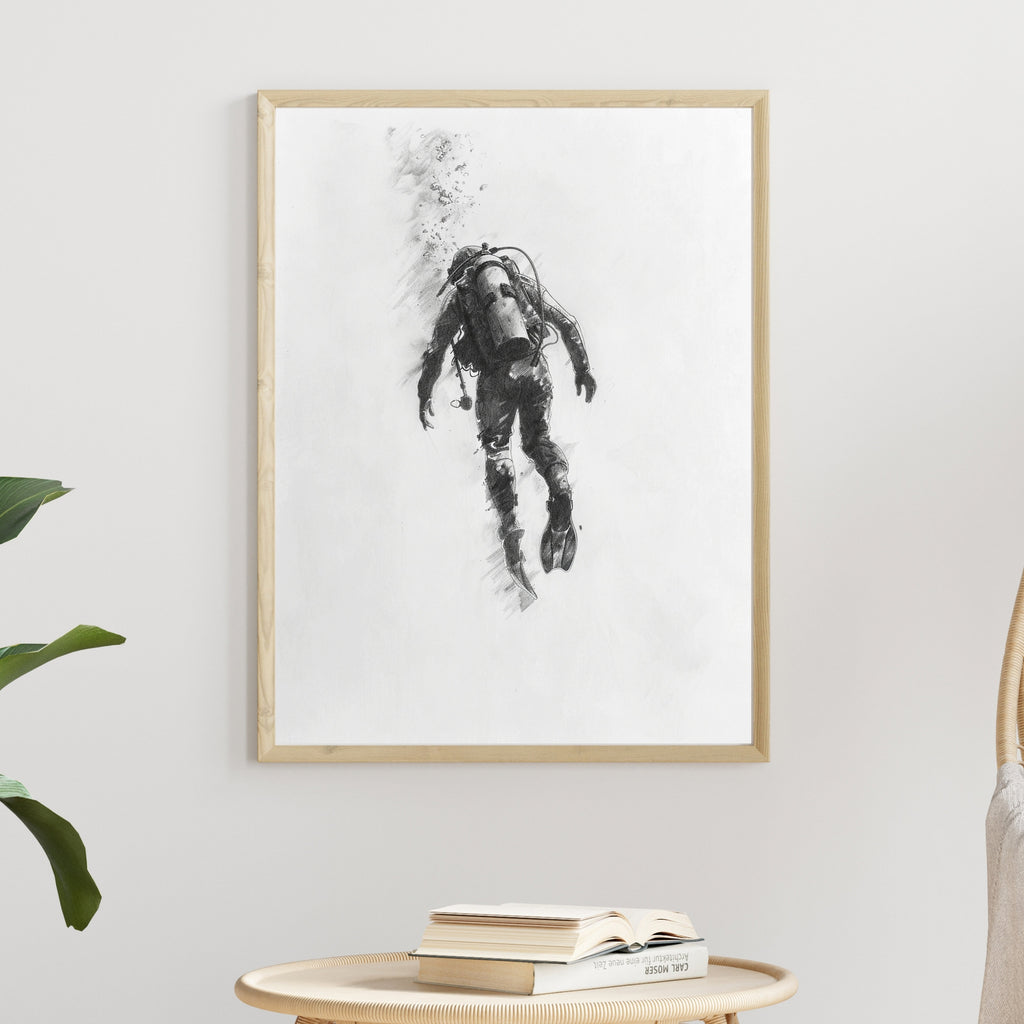 Deep Sea Diver Pencil Drawing – Minimalist Ocean Exploration Art
