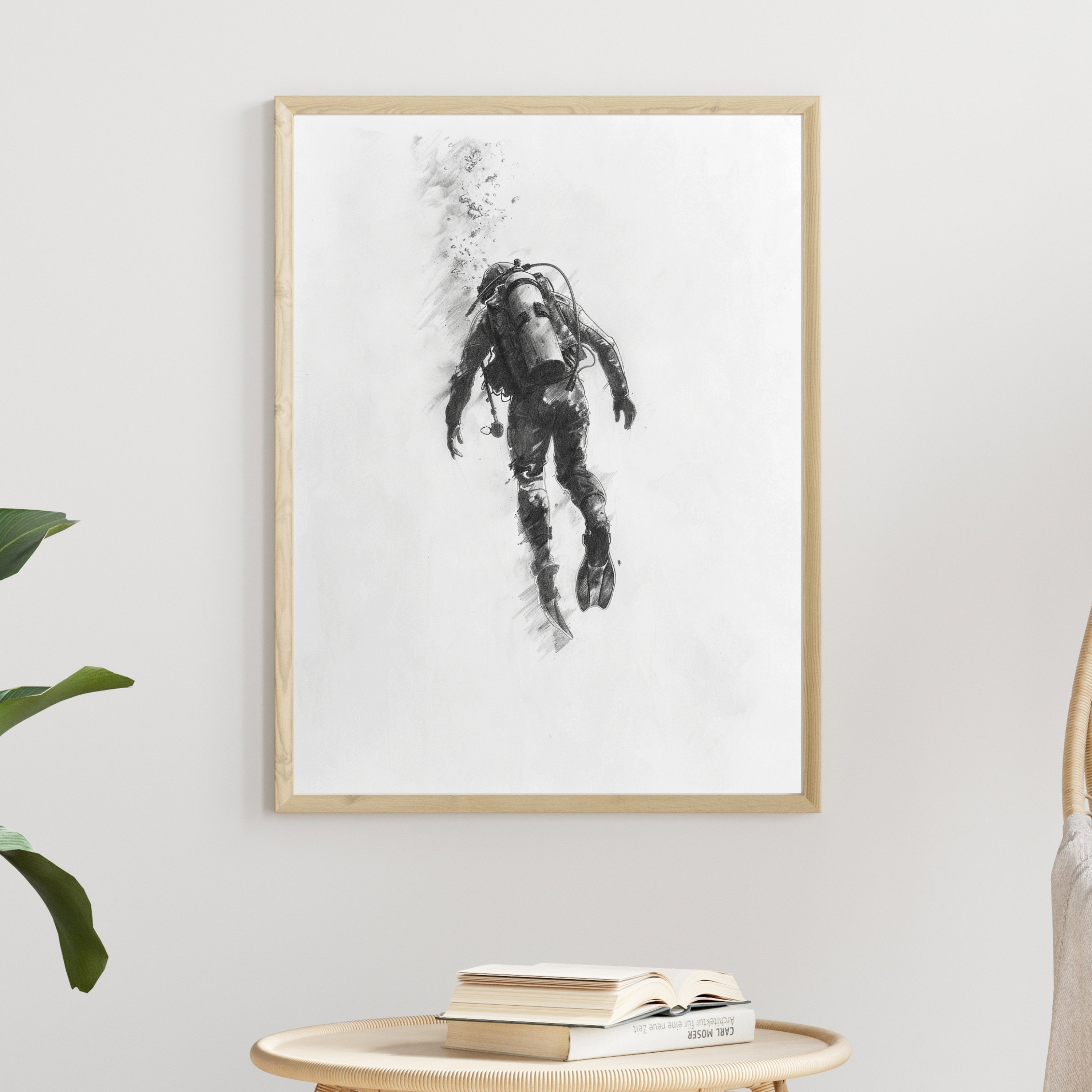 Deep Sea Diver Pencil Drawing – Minimalist Ocean Exploration Art