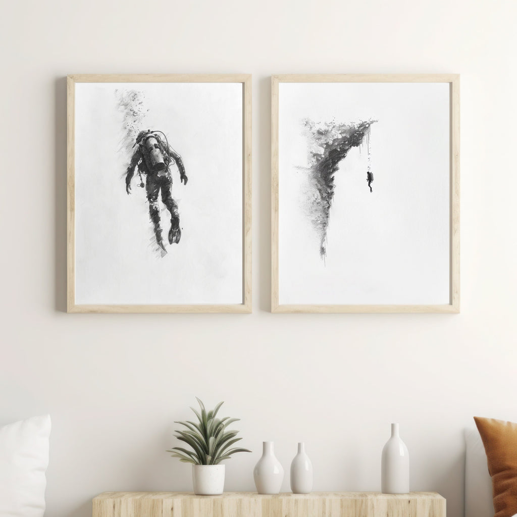 Deep Sea Diver Pencil Drawing – Minimalist Ocean Exploration Art