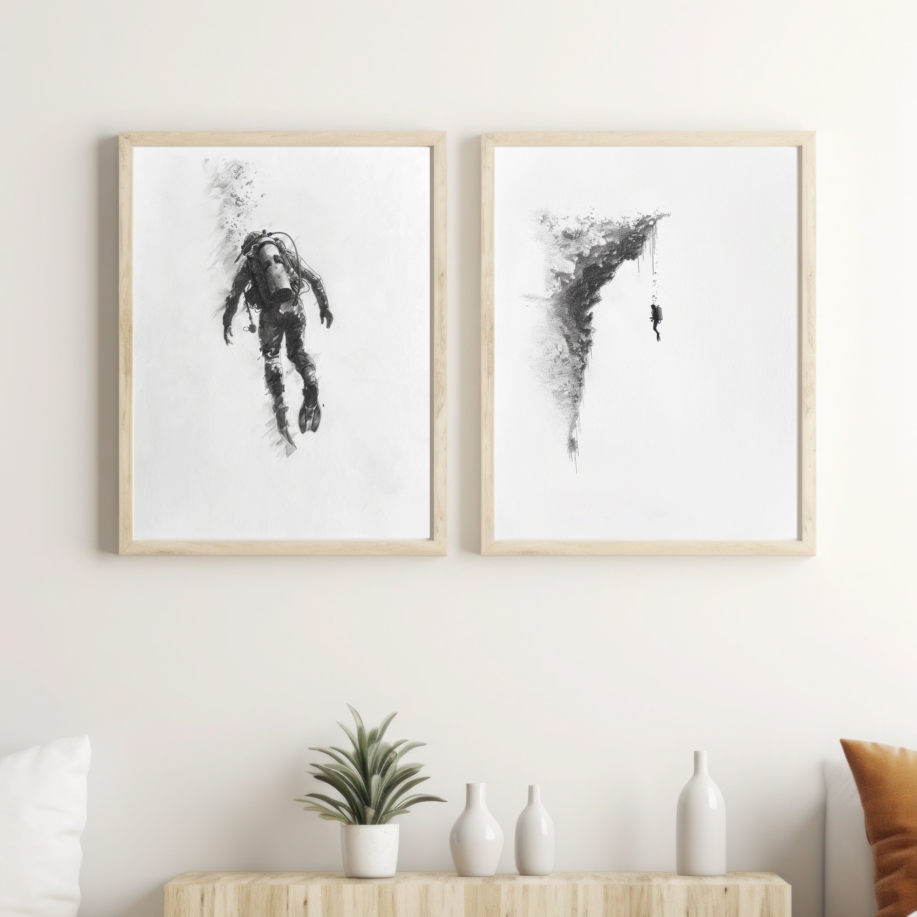 Deep Sea Diver Pencil Drawing – Minimalist Ocean Exploration Art