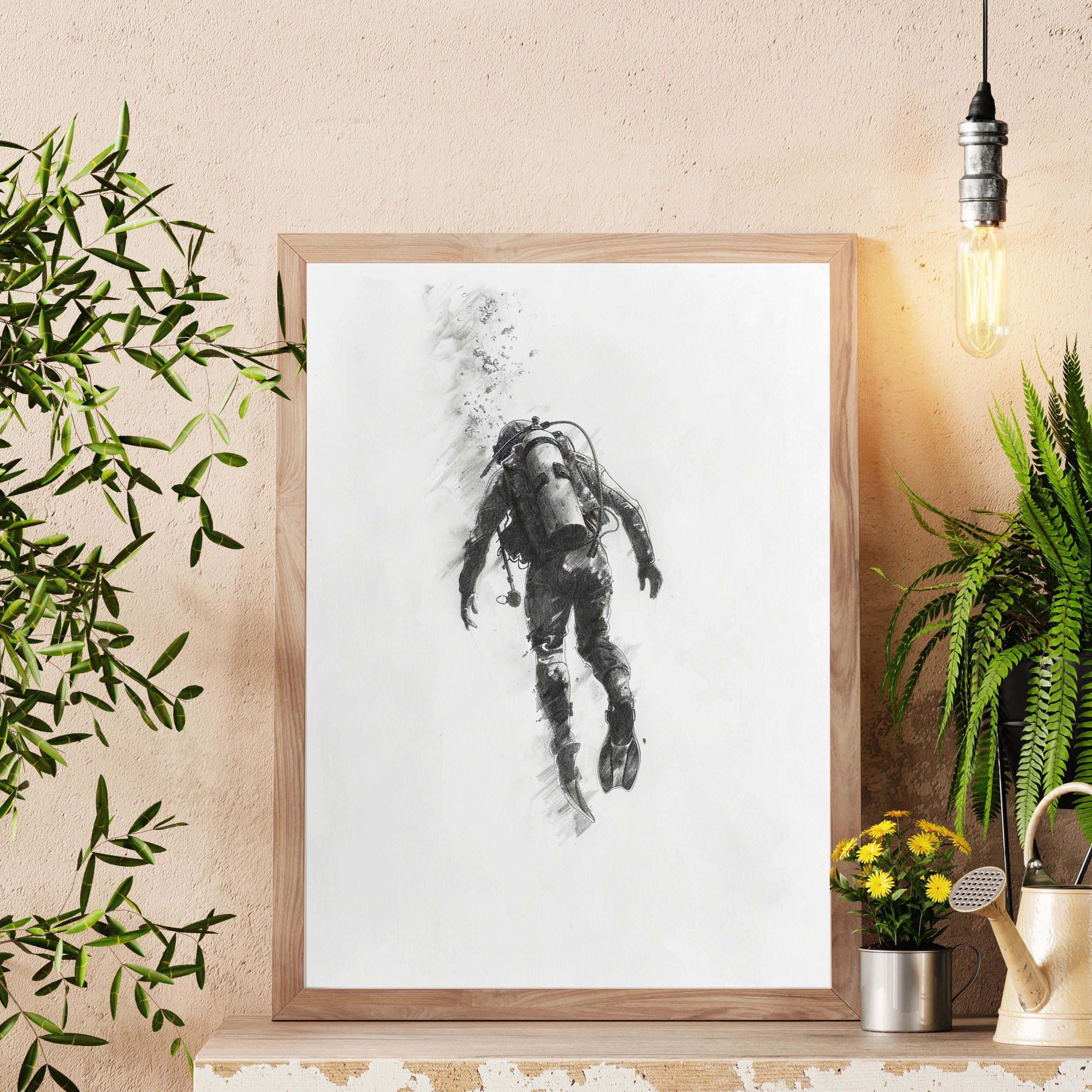 Deep Sea Diver Pencil Drawing – Minimalist Ocean Exploration Art