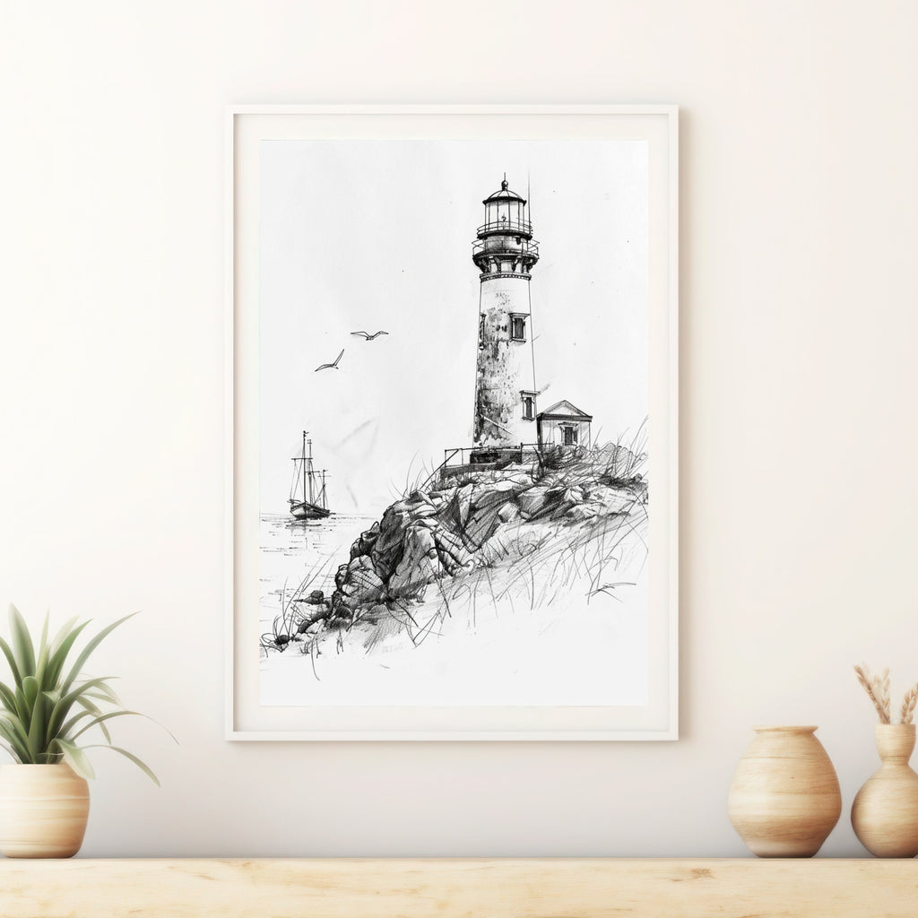 Vintage Lighthouse Pencil Drawing – Nautical Coastal Wall Art
