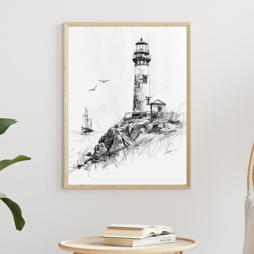 Vintage Lighthouse Pencil Drawing – Nautical Coastal Wall Art