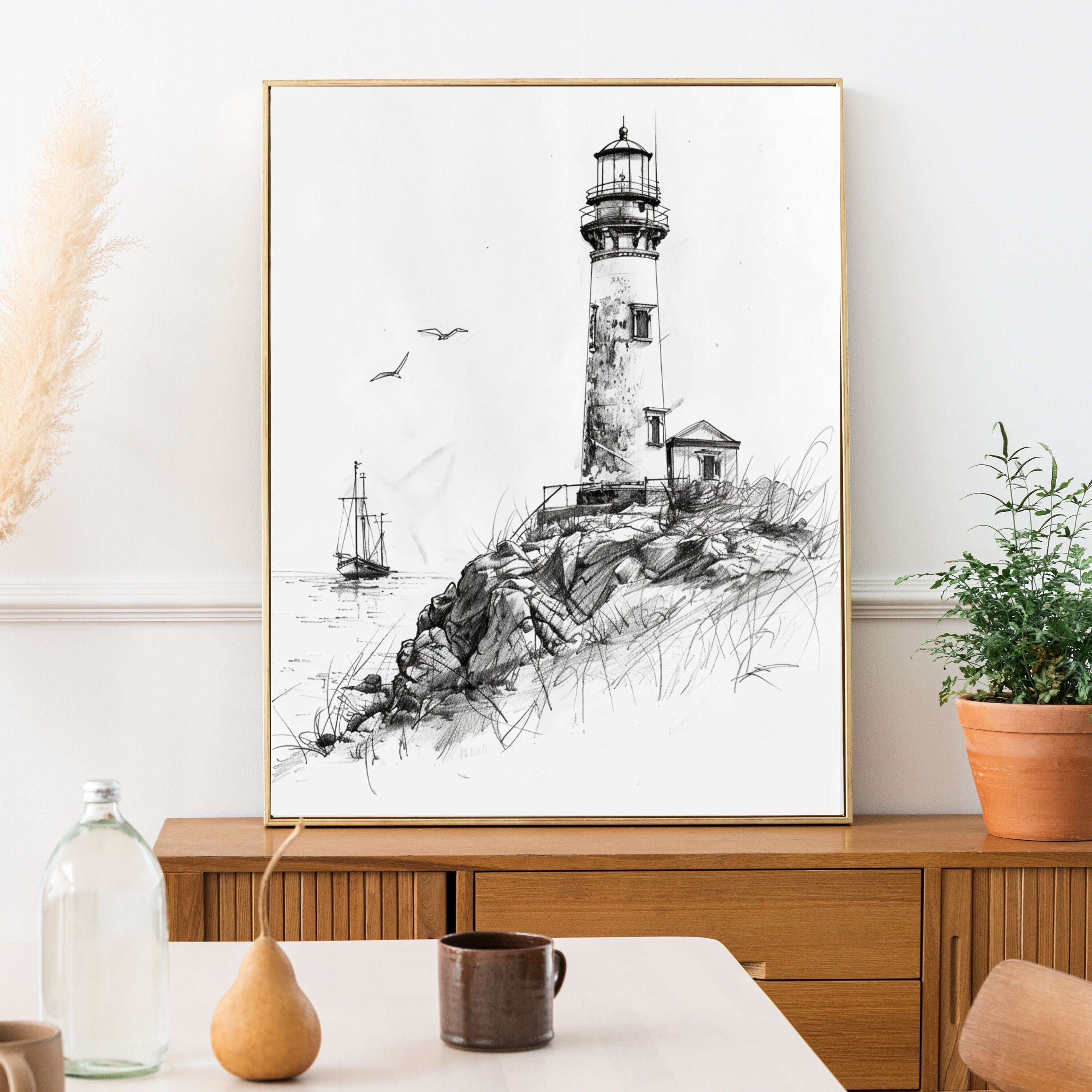 Vintage Lighthouse Pencil Drawing – Nautical Coastal Wall Art