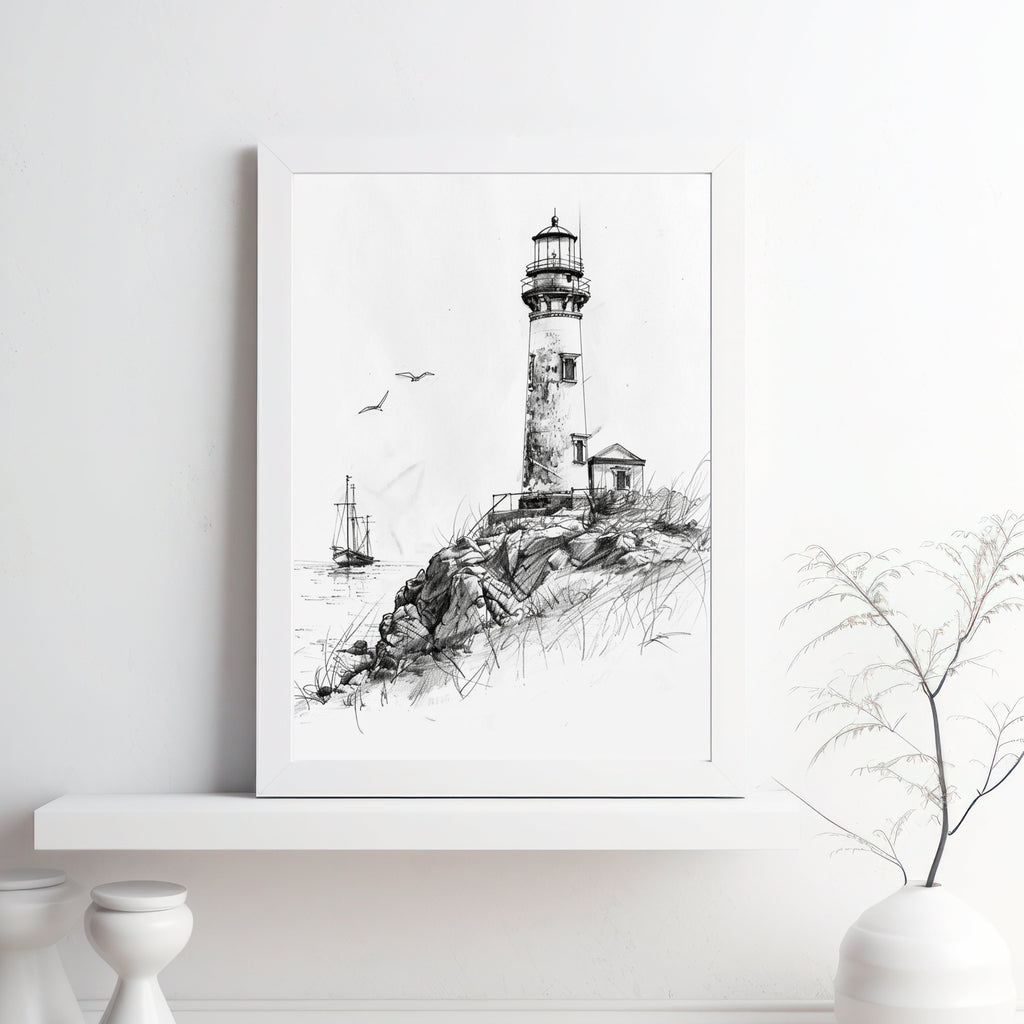 Vintage Lighthouse Pencil Drawing – Nautical Coastal Wall Art