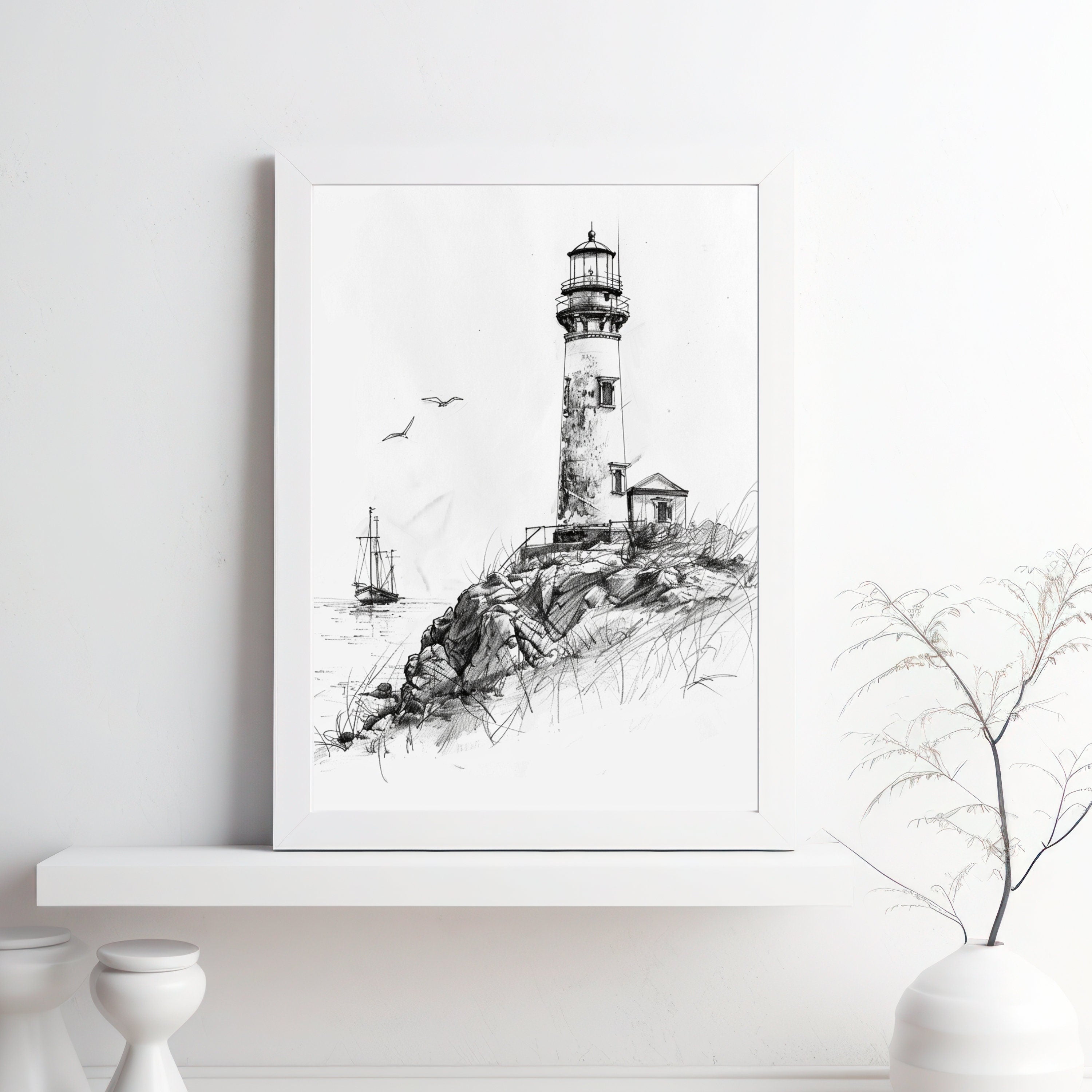 Vintage Lighthouse Pencil Drawing – Nautical Coastal Wall Art
