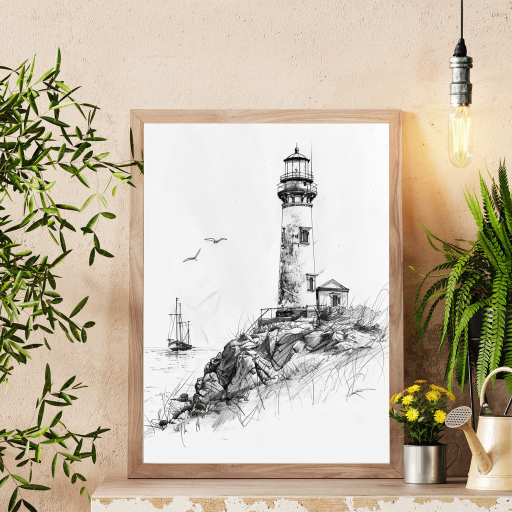 Vintage Lighthouse Pencil Drawing – Nautical Coastal Wall Art