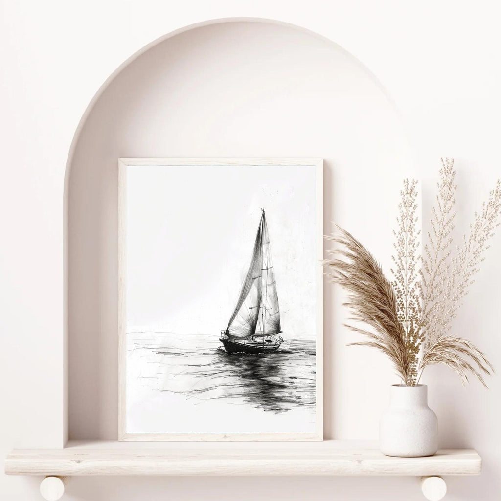 Sailing Boat Pencil Drawing – Minimalist Nautical Art Print