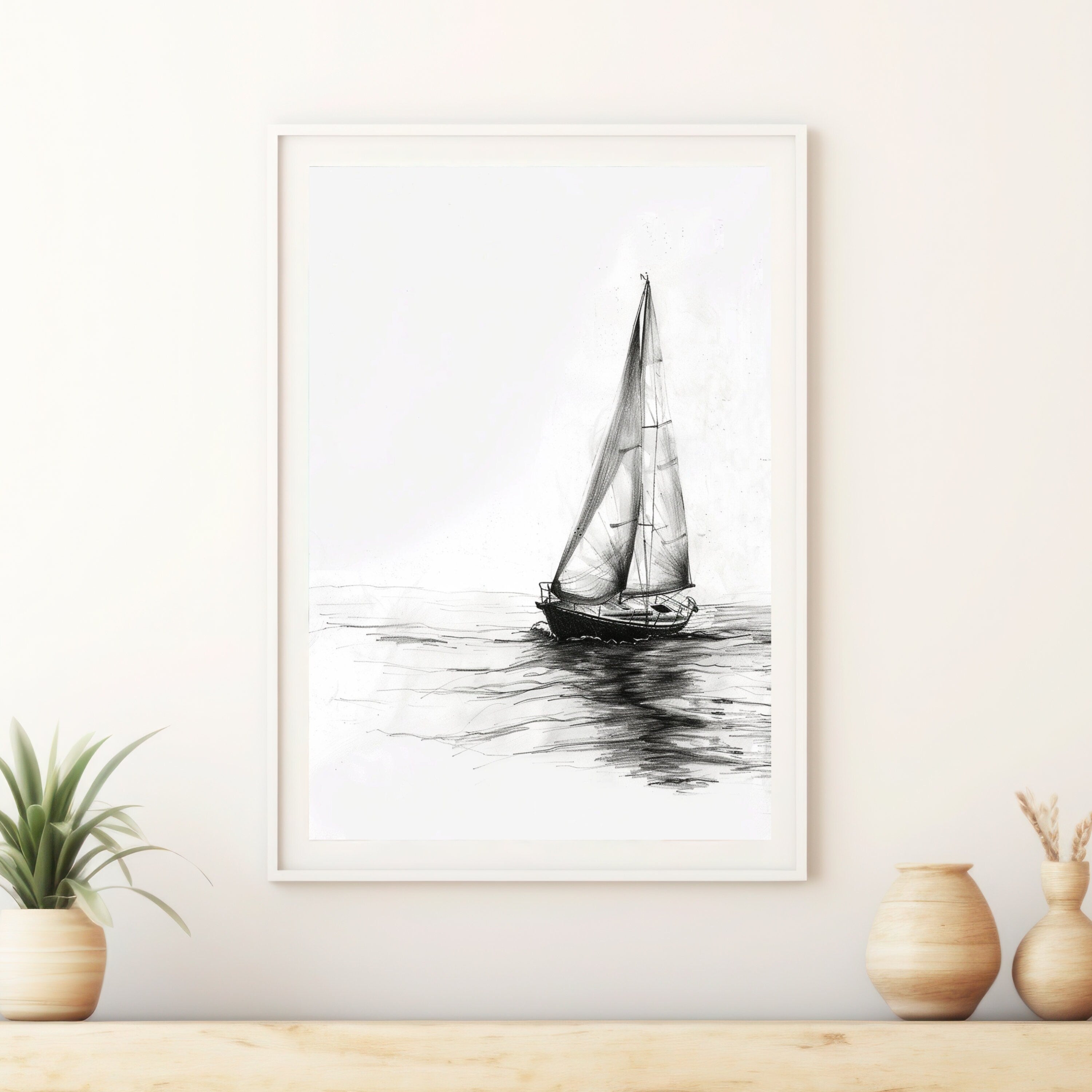 Sailing Boat Pencil Drawing – Minimalist Nautical Art Print