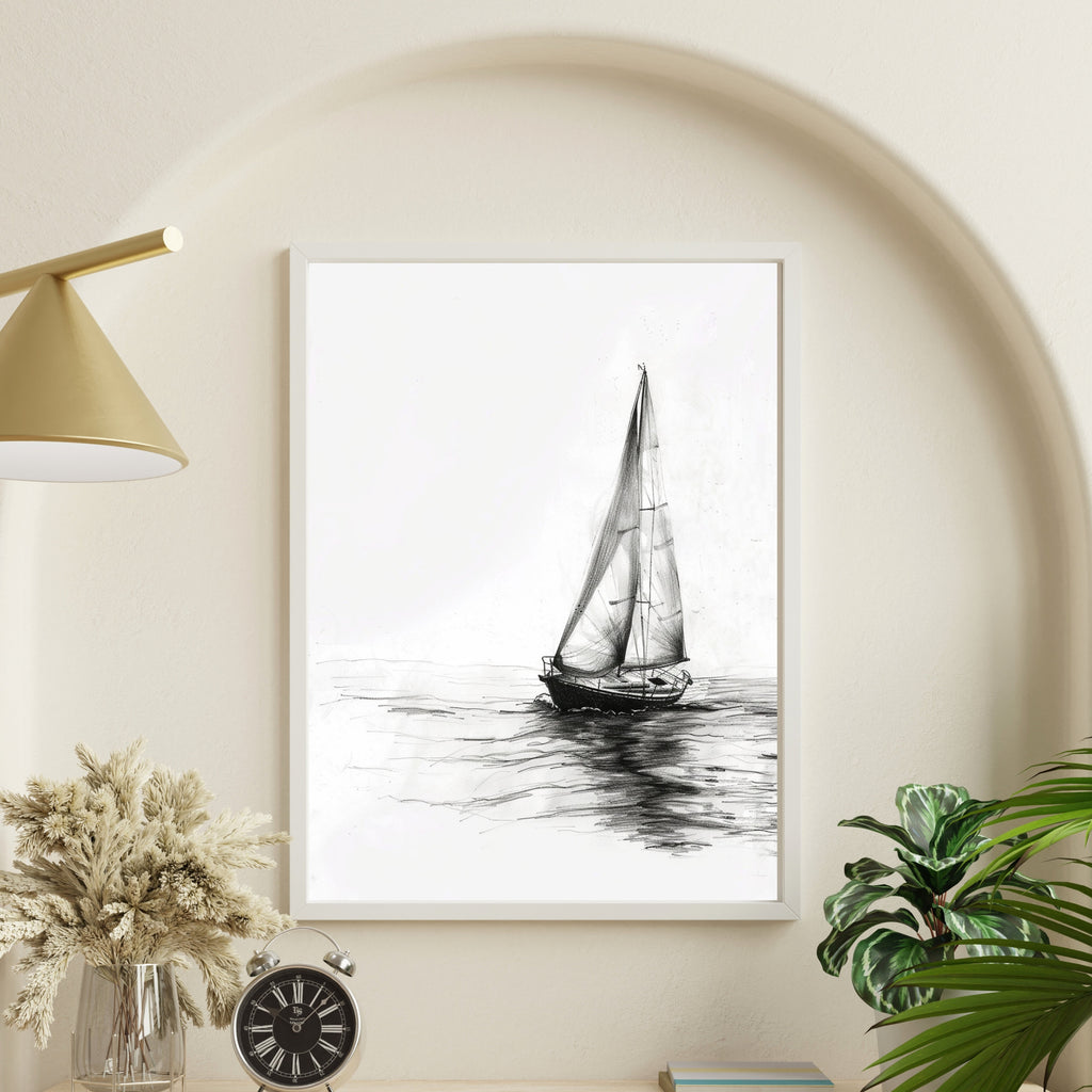 Sailing Boat Pencil Drawing – Minimalist Nautical Art Print