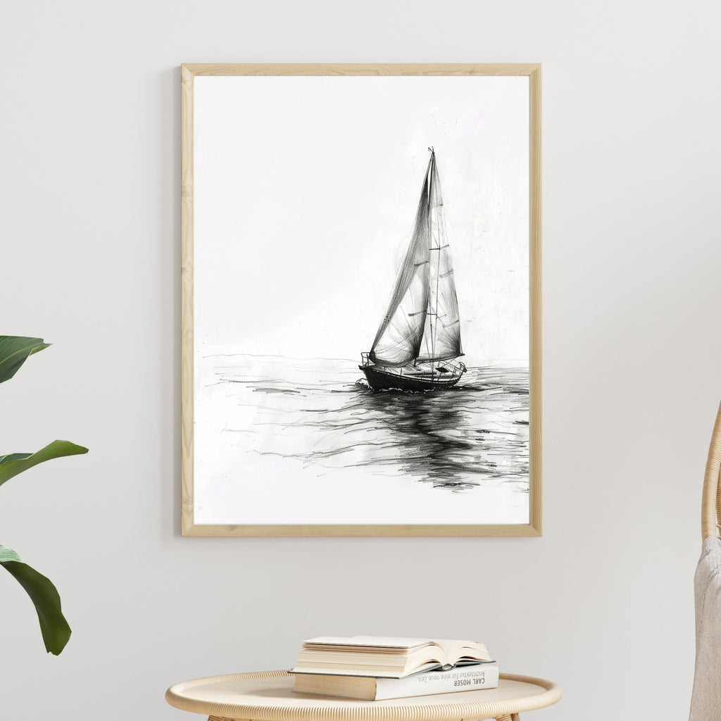 Sailing Boat Pencil Drawing – Minimalist Nautical Art Print