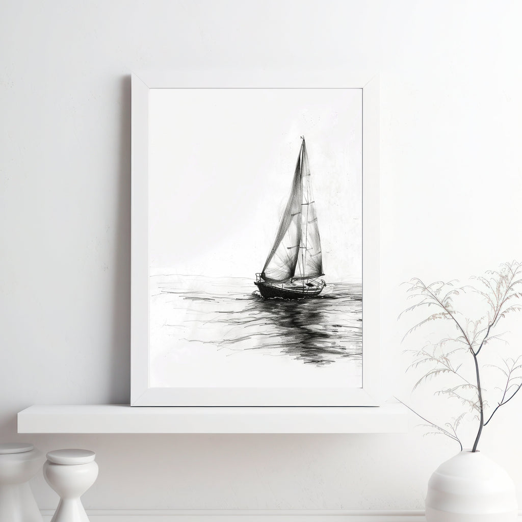 Sailing Boat Pencil Drawing – Minimalist Nautical Art Print