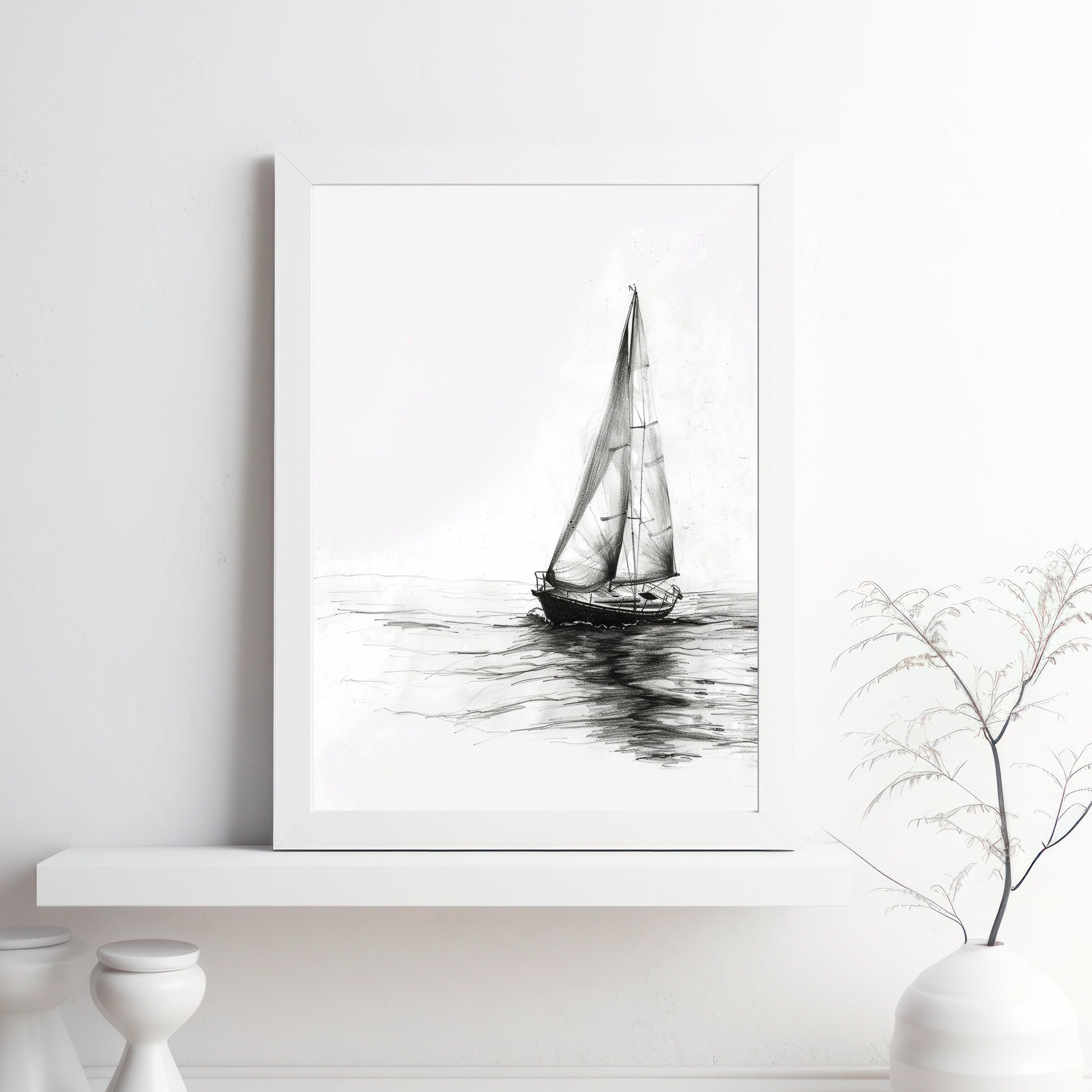 Sailing Boat Pencil Drawing – Minimalist Nautical Art Print