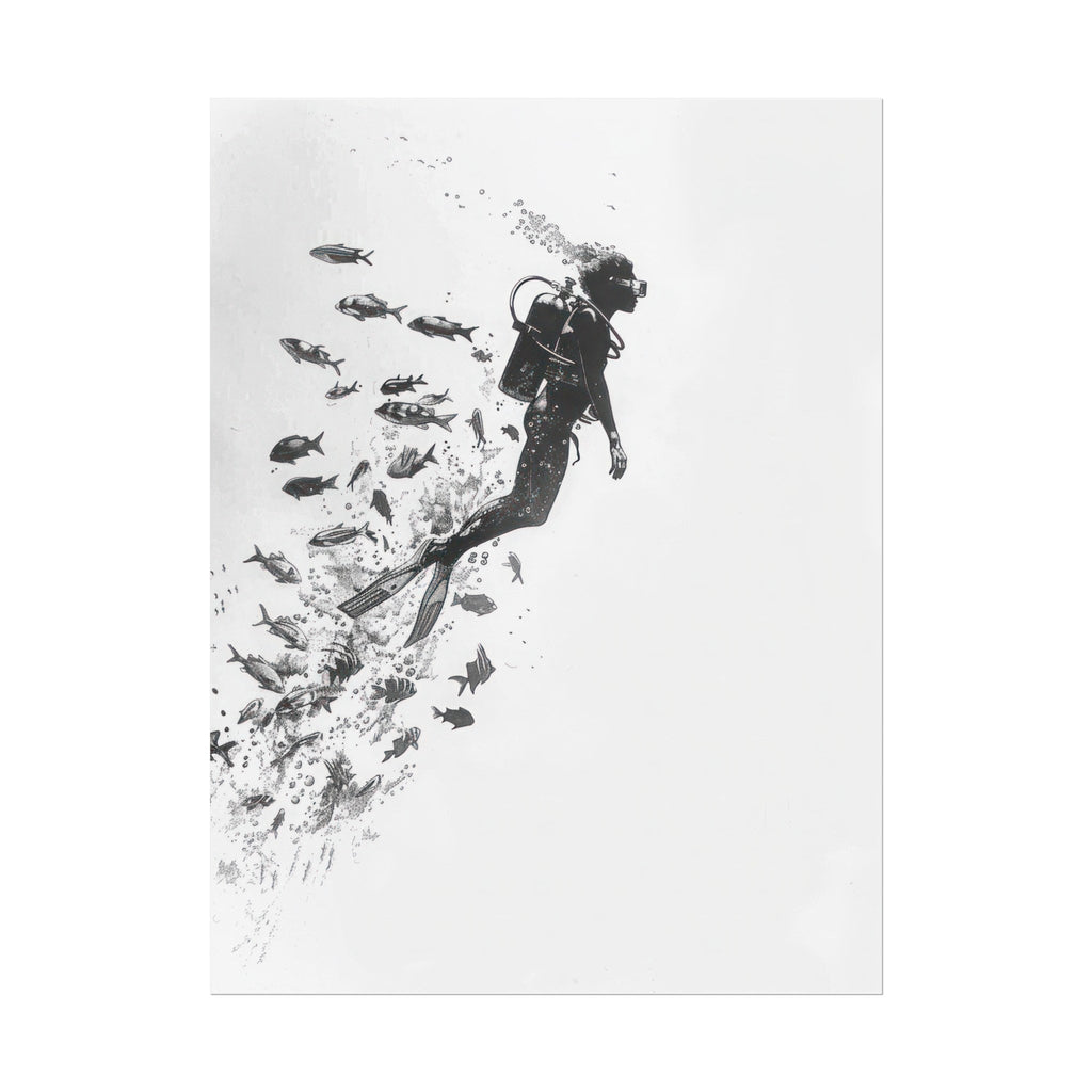 Minimalist Scuba Diver Art Print – Black & White Underwater Exploration