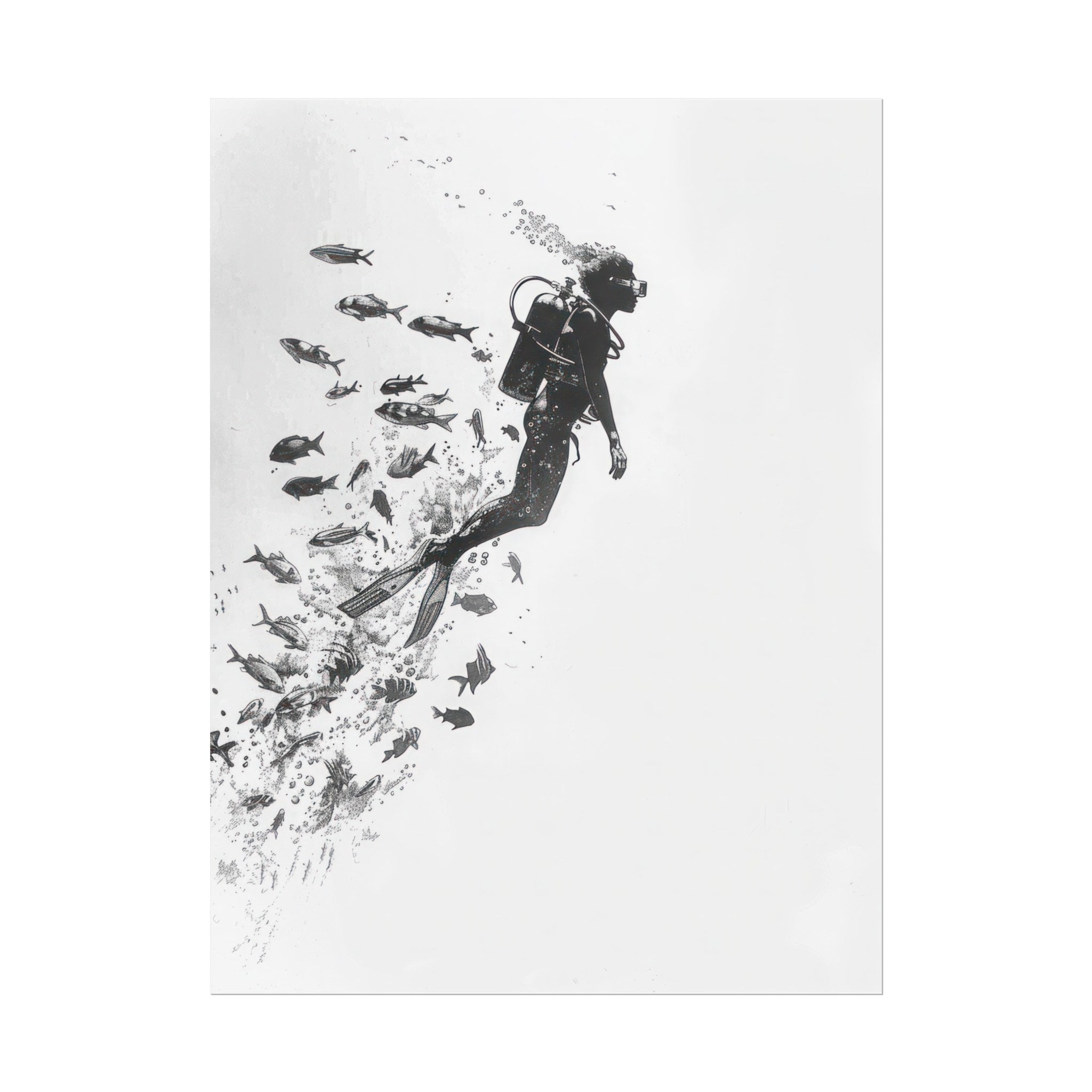 Minimalist Scuba Diver Art Print – Black & White Underwater Exploration