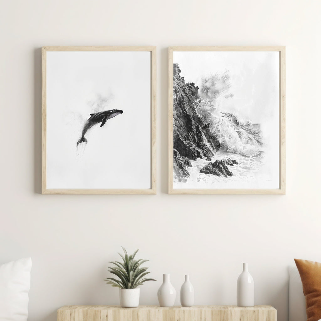 Minimalist Whale Art Print – Graceful Ocean Majesty in Black & White