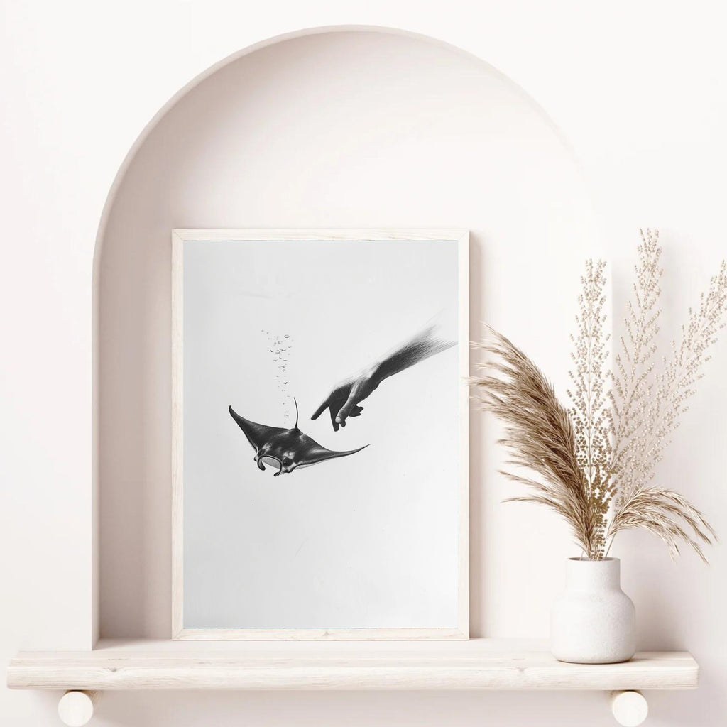 Ethereal Pencil Drawing – Hand Reaching into Water to Touch a Manta Ray