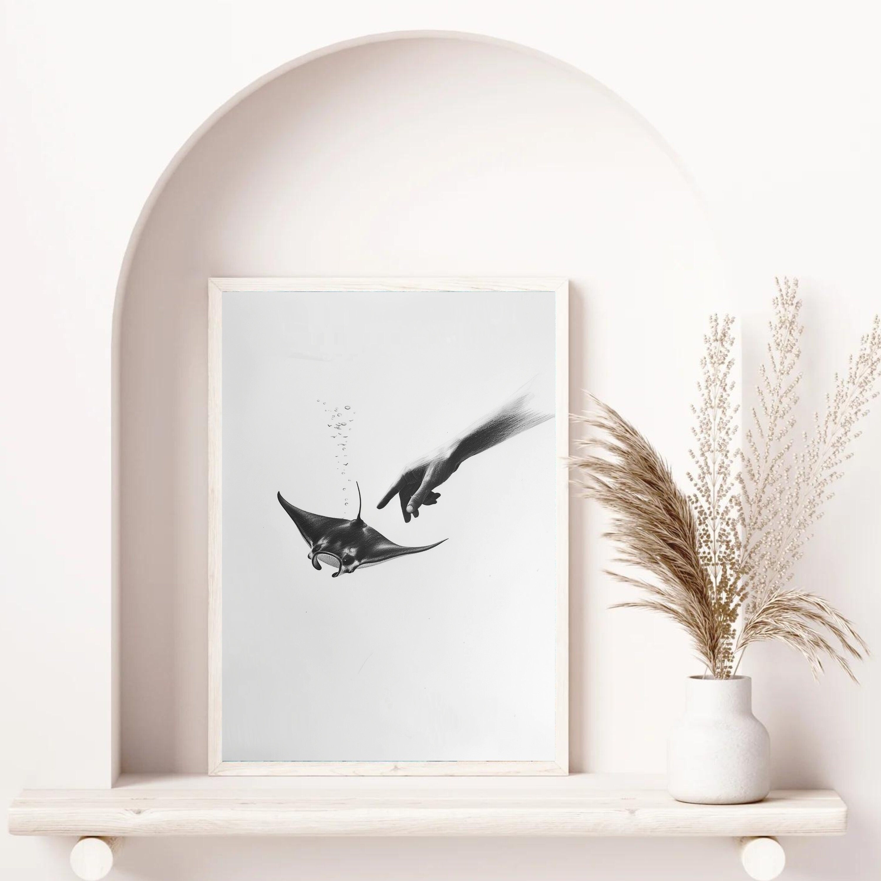 Ethereal Pencil Drawing – Hand Reaching into Water to Touch a Manta Ray