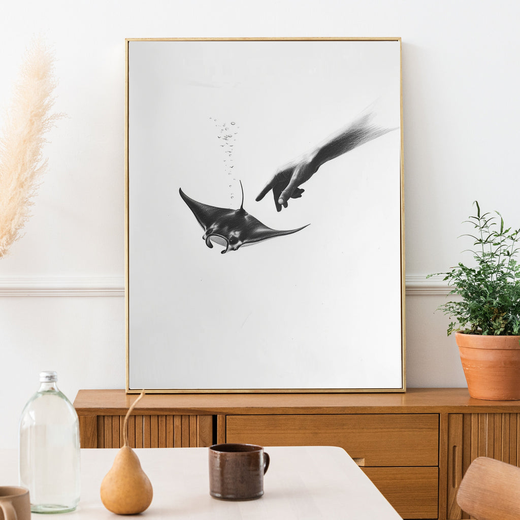 Ethereal Pencil Drawing – Hand Reaching into Water to Touch a Manta Ray