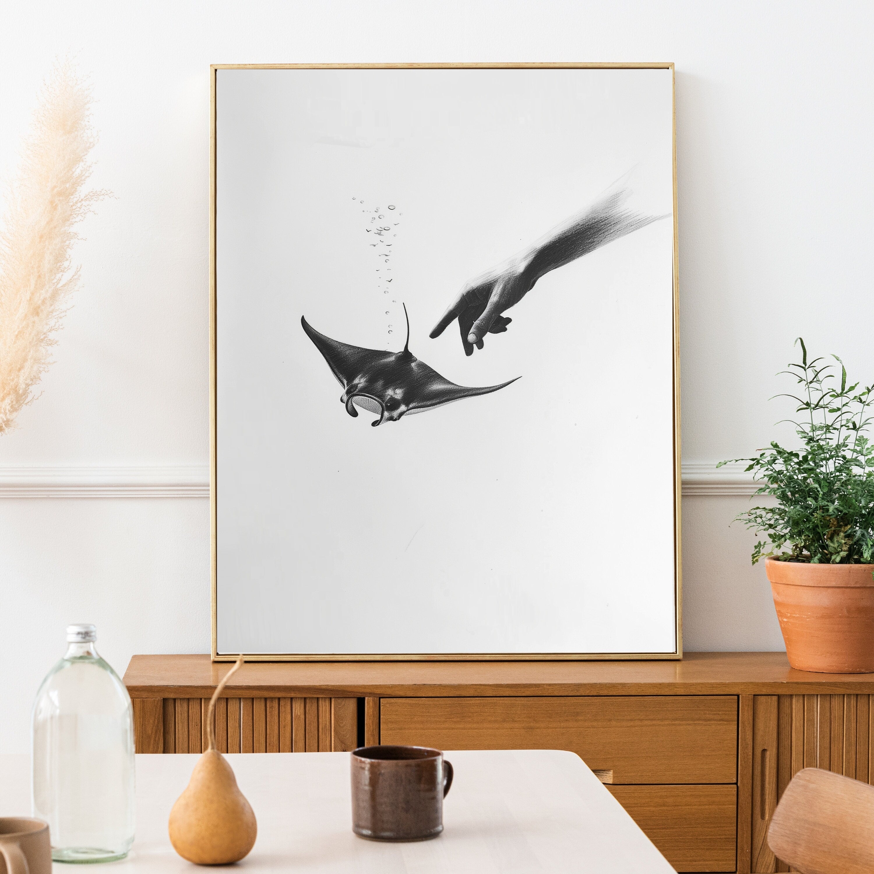 Ethereal Pencil Drawing – Hand Reaching into Water to Touch a Manta Ray