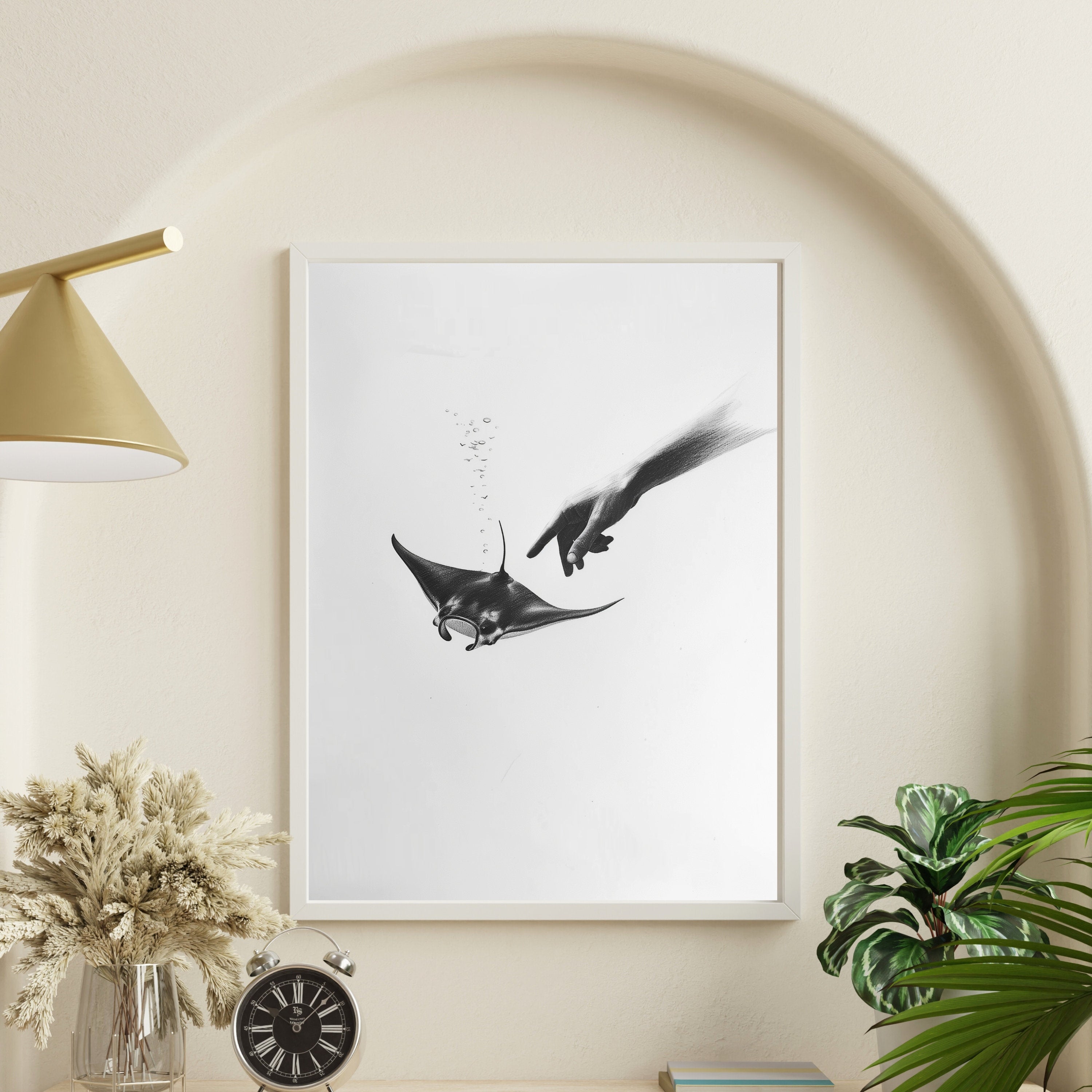 Ethereal Pencil Drawing – Hand Reaching into Water to Touch a Manta Ray