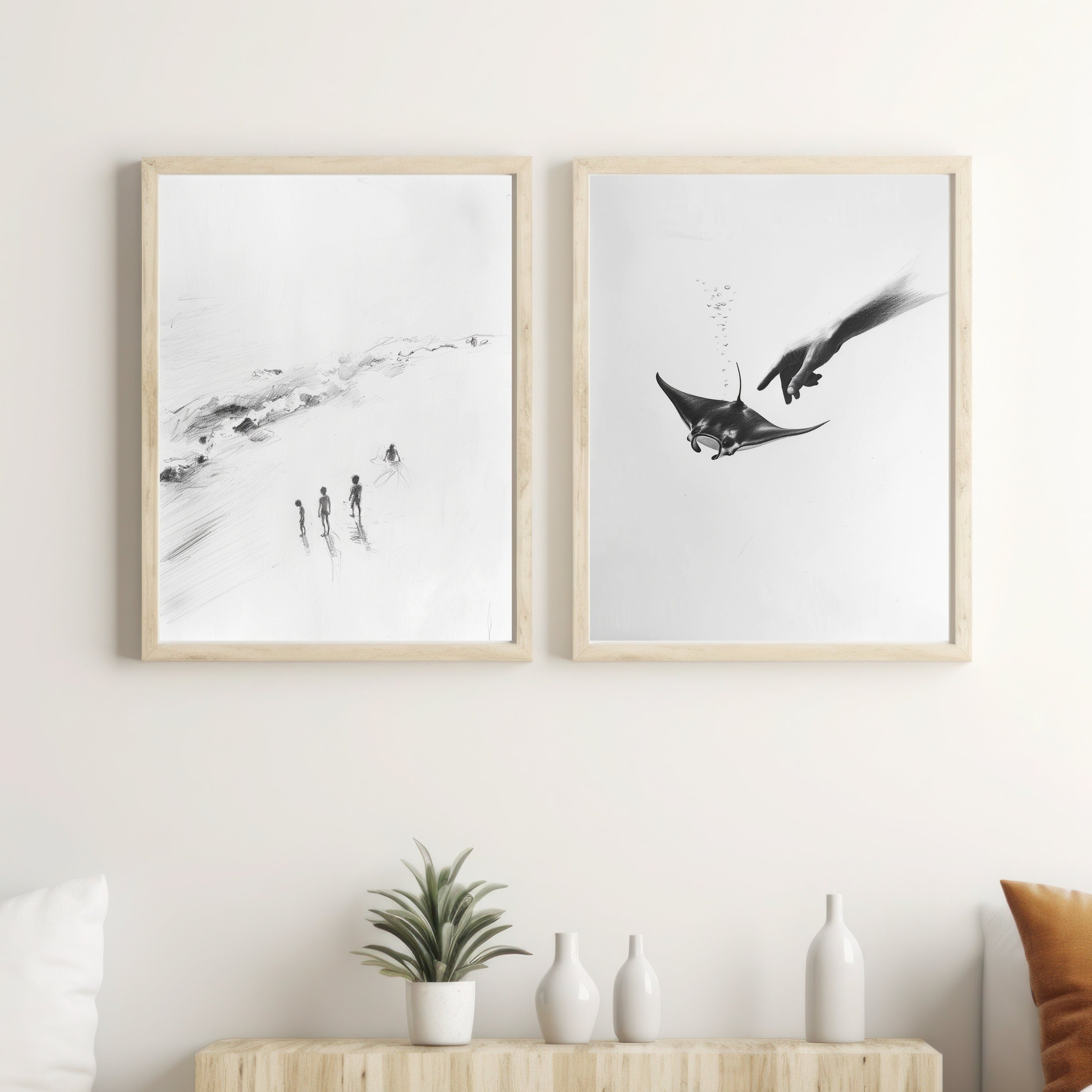Ethereal Pencil Drawing – Hand Reaching into Water to Touch a Manta Ray