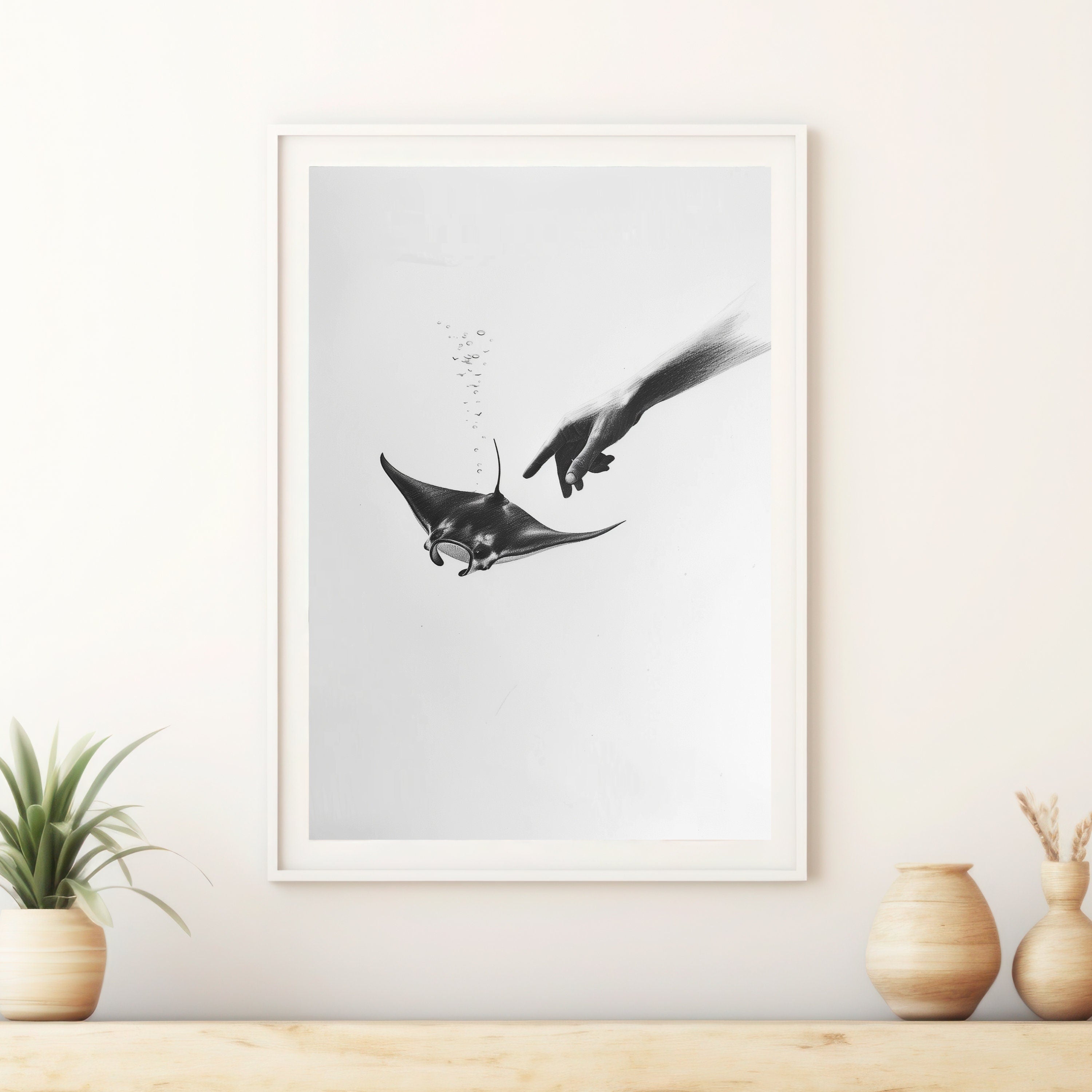 Ethereal Pencil Drawing – Hand Reaching into Water to Touch a Manta Ray