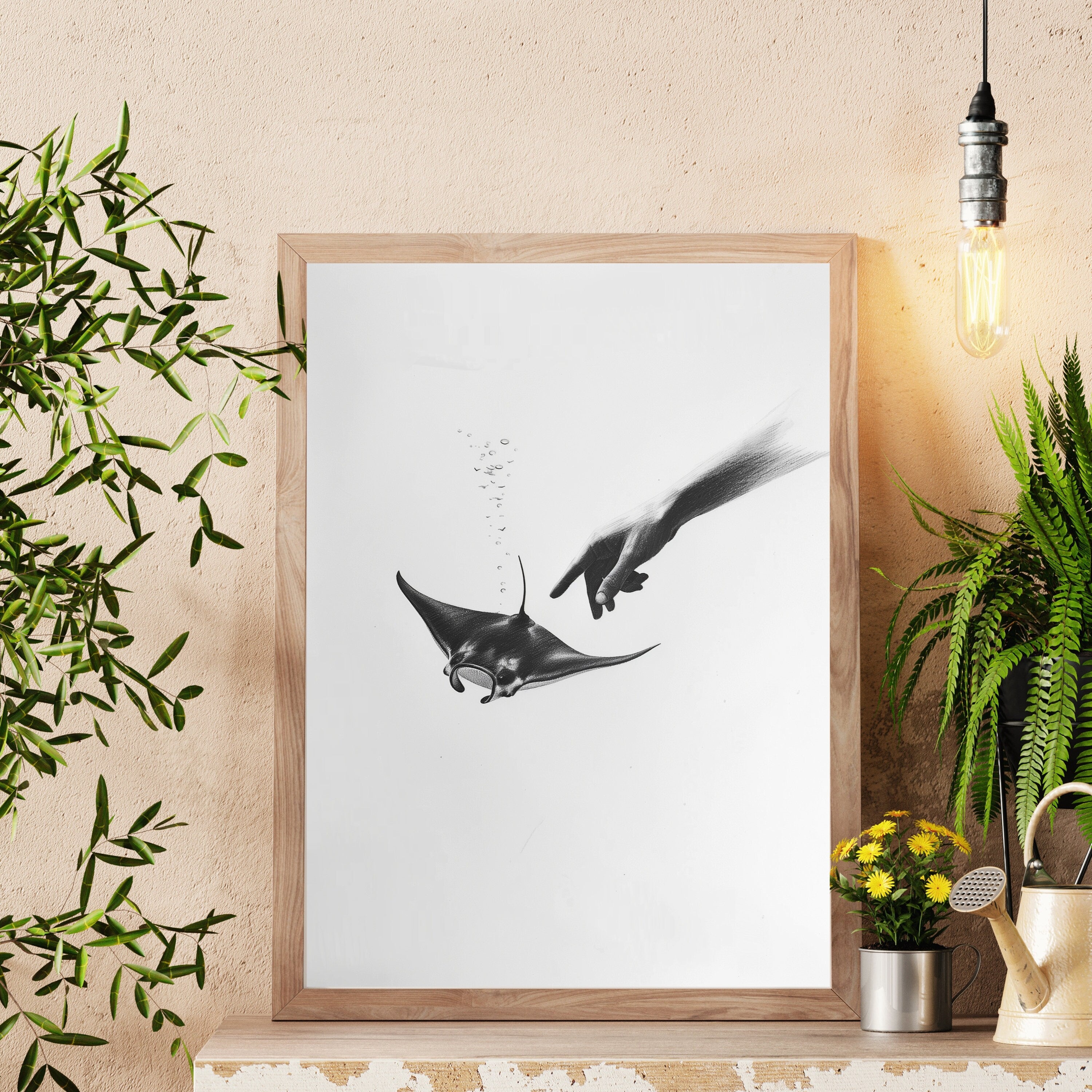Ethereal Pencil Drawing – Hand Reaching into Water to Touch a Manta Ray