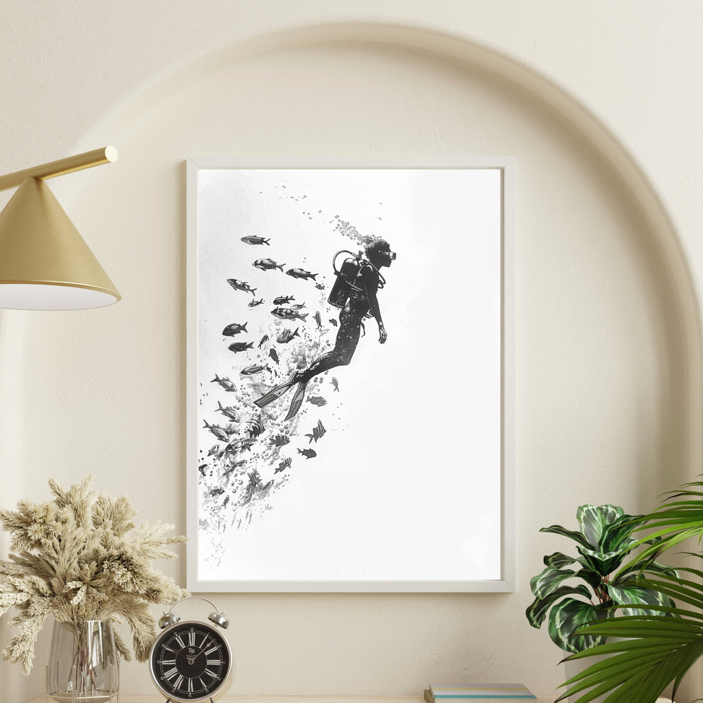 Minimalist Scuba Diver Art Print – Black & White Underwater Exploration