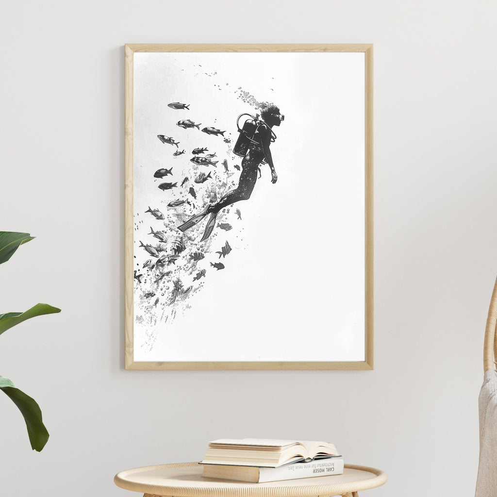 Minimalist Scuba Diver Art Print – Black & White Underwater Exploration