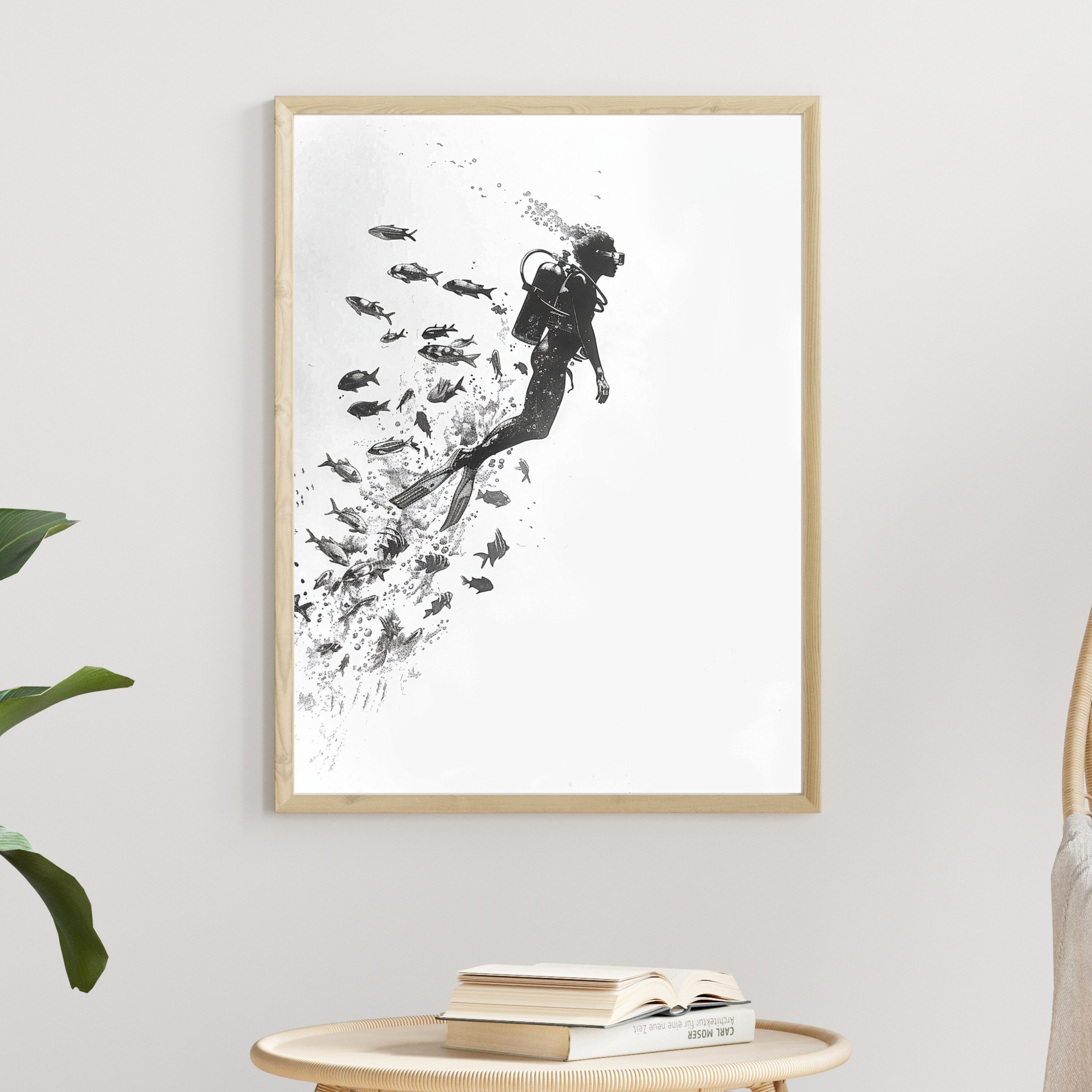 Minimalist Scuba Diver Art Print – Black & White Underwater Exploration