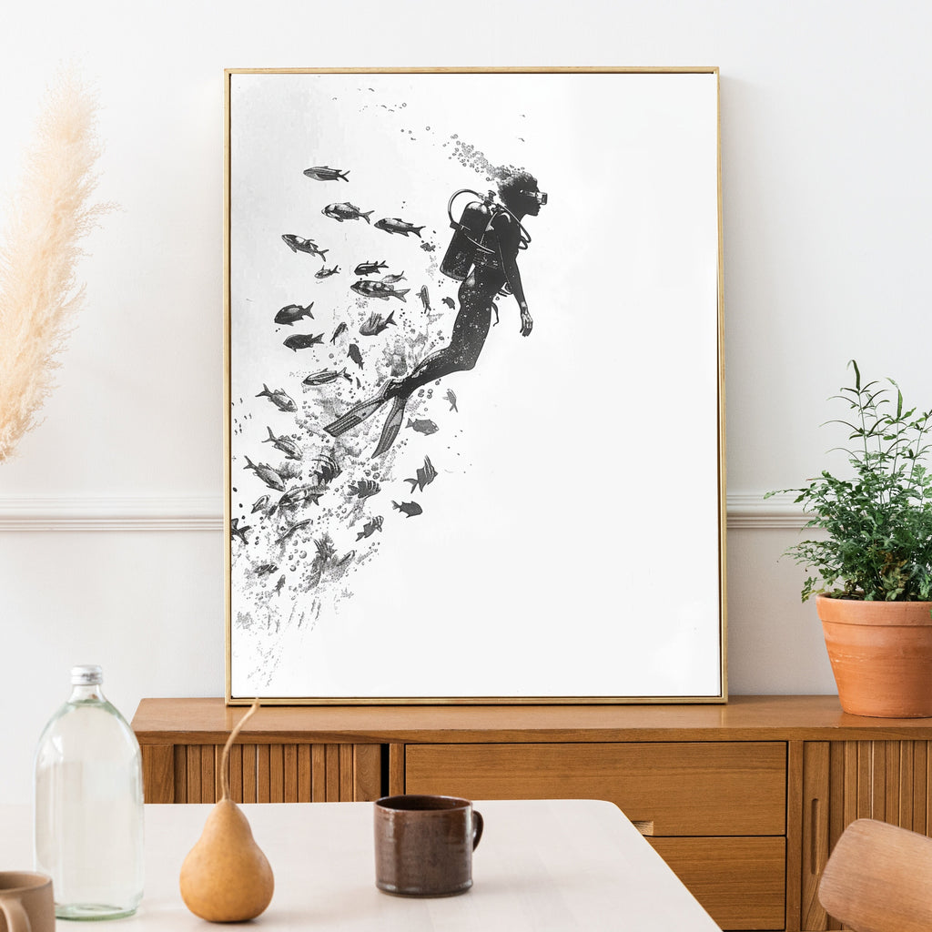 Minimalist Scuba Diver Art Print – Black & White Underwater Exploration