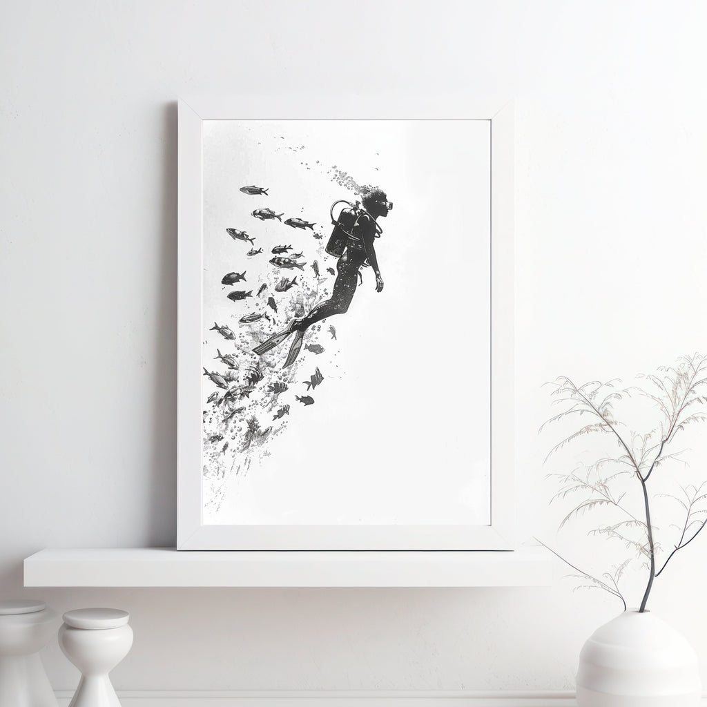 Minimalist Scuba Diver Art Print – Black & White Underwater Exploration