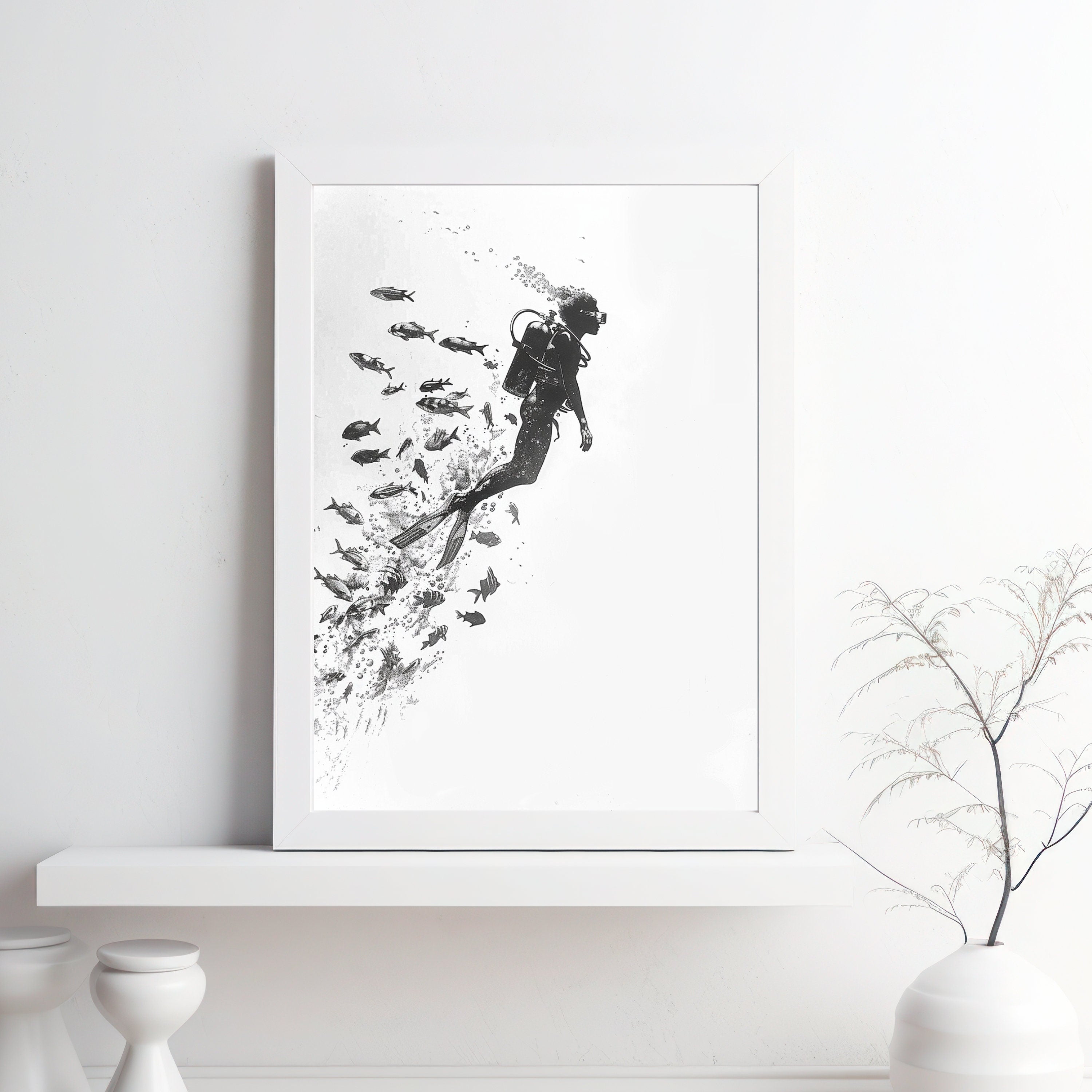 Minimalist Scuba Diver Art Print – Black & White Underwater Exploration