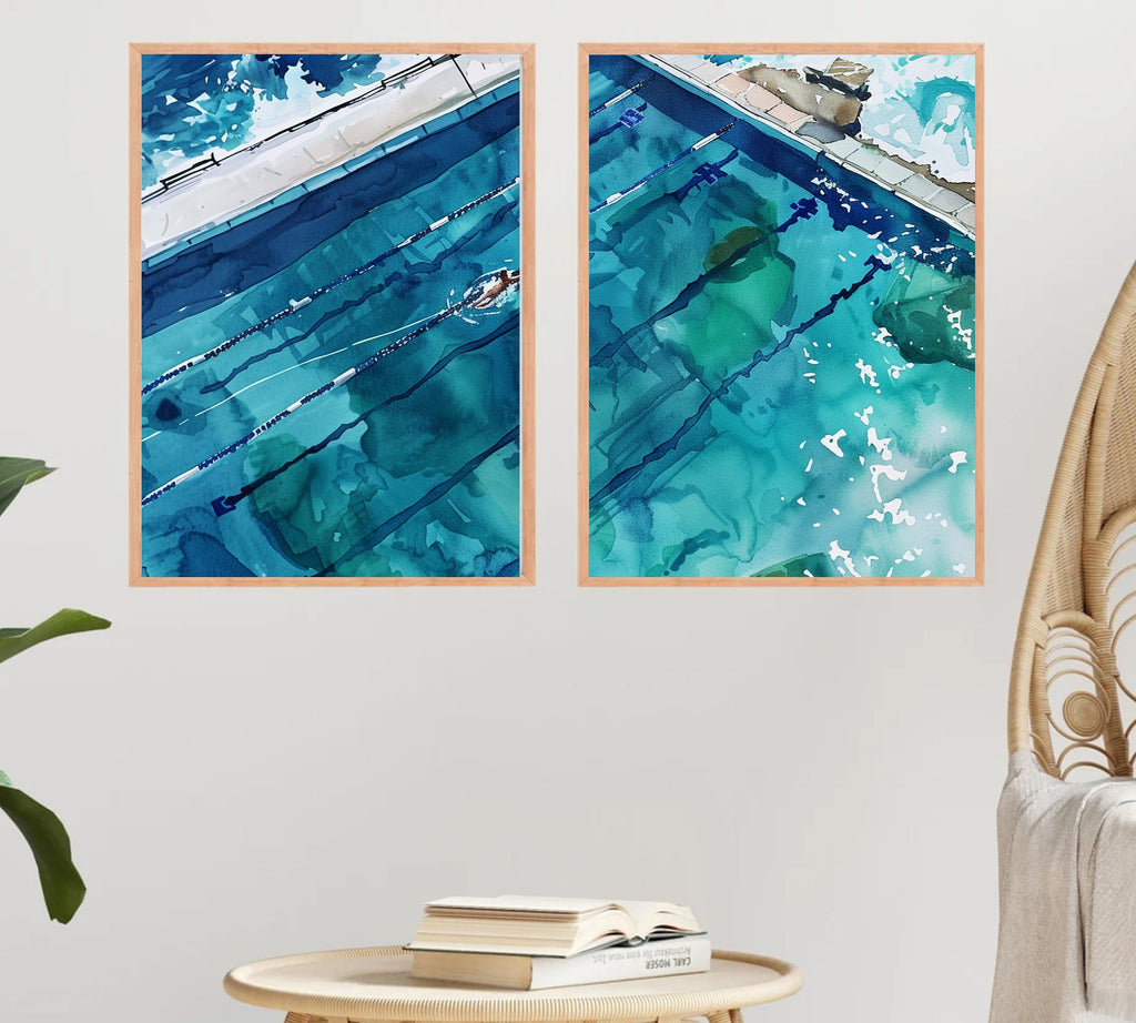 Bondi Rock Pool Art Set of 2 |Dive into Tranquility: Abstract Watercolor Rockpool Art Set of 2 - Inspired by Icebergs Bondi Pool