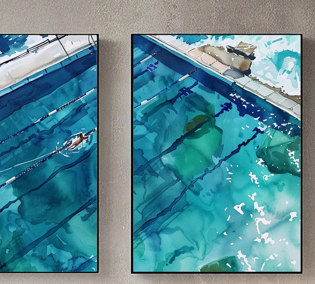 Bondi Rock Pool Art Set of 2 |Dive into Tranquility: Abstract Watercolor Rockpool Art Set of 2 - Inspired by Icebergs Bondi Pool
