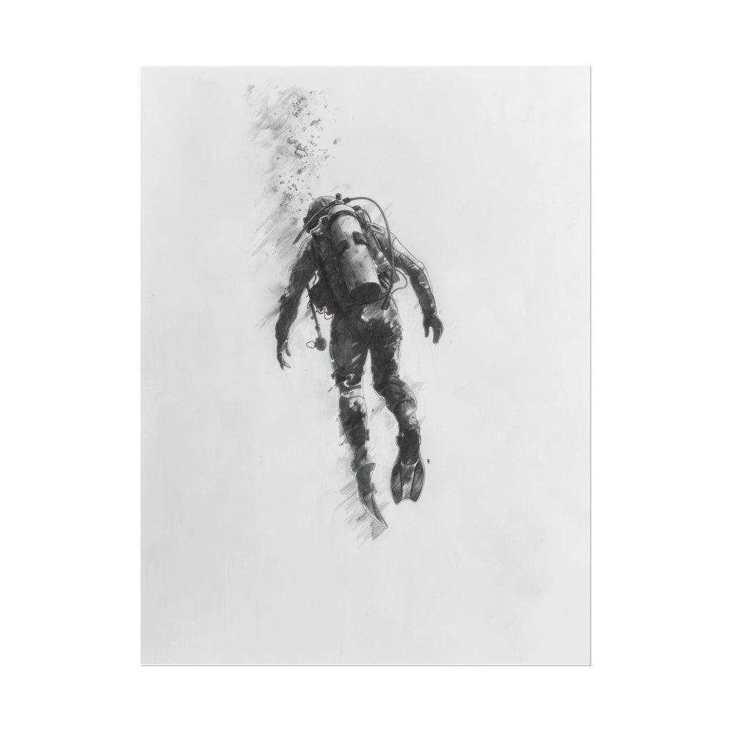 Deep Sea Diver Pencil Drawing – Minimalist Ocean Exploration Art