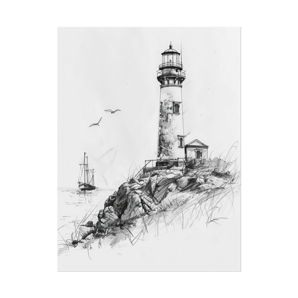 Vintage Lighthouse Pencil Drawing – Nautical Coastal Wall Art