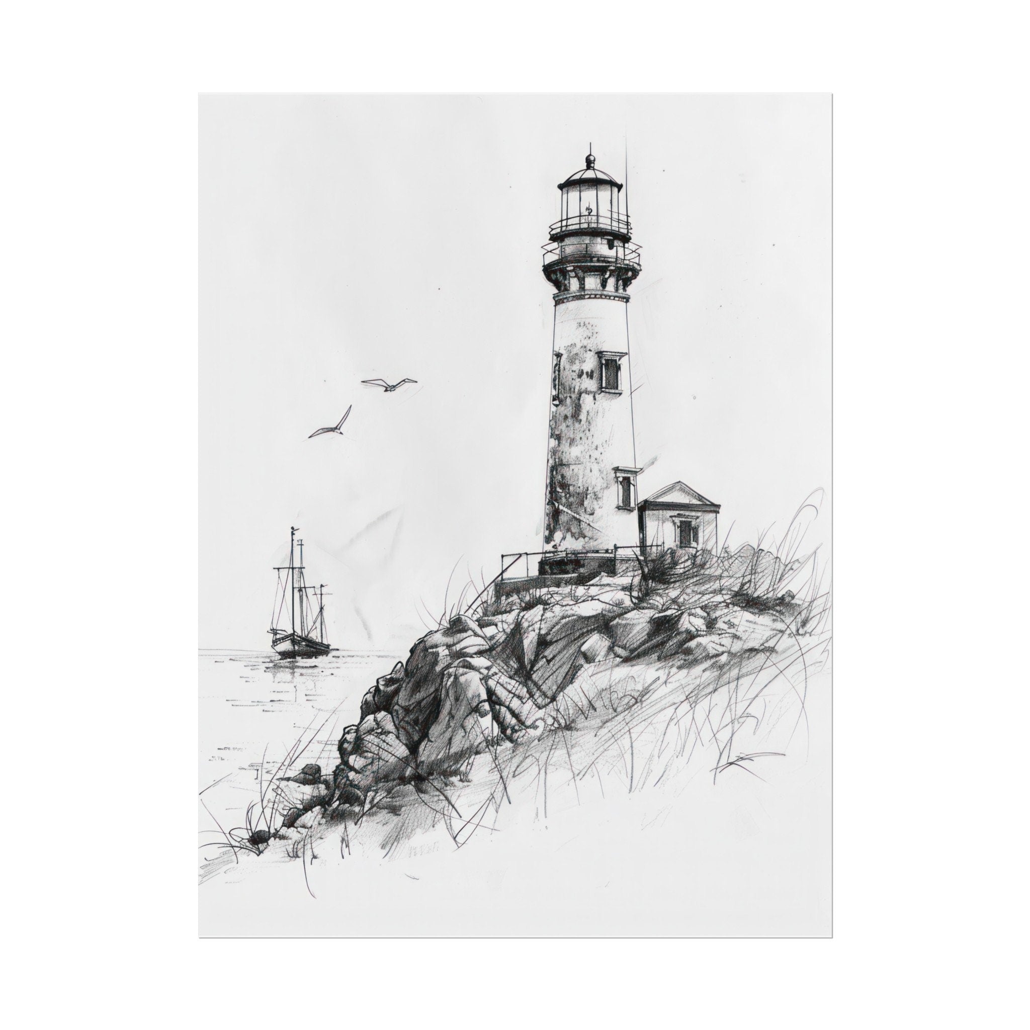 Vintage Lighthouse Pencil Drawing – Nautical Coastal Wall Art