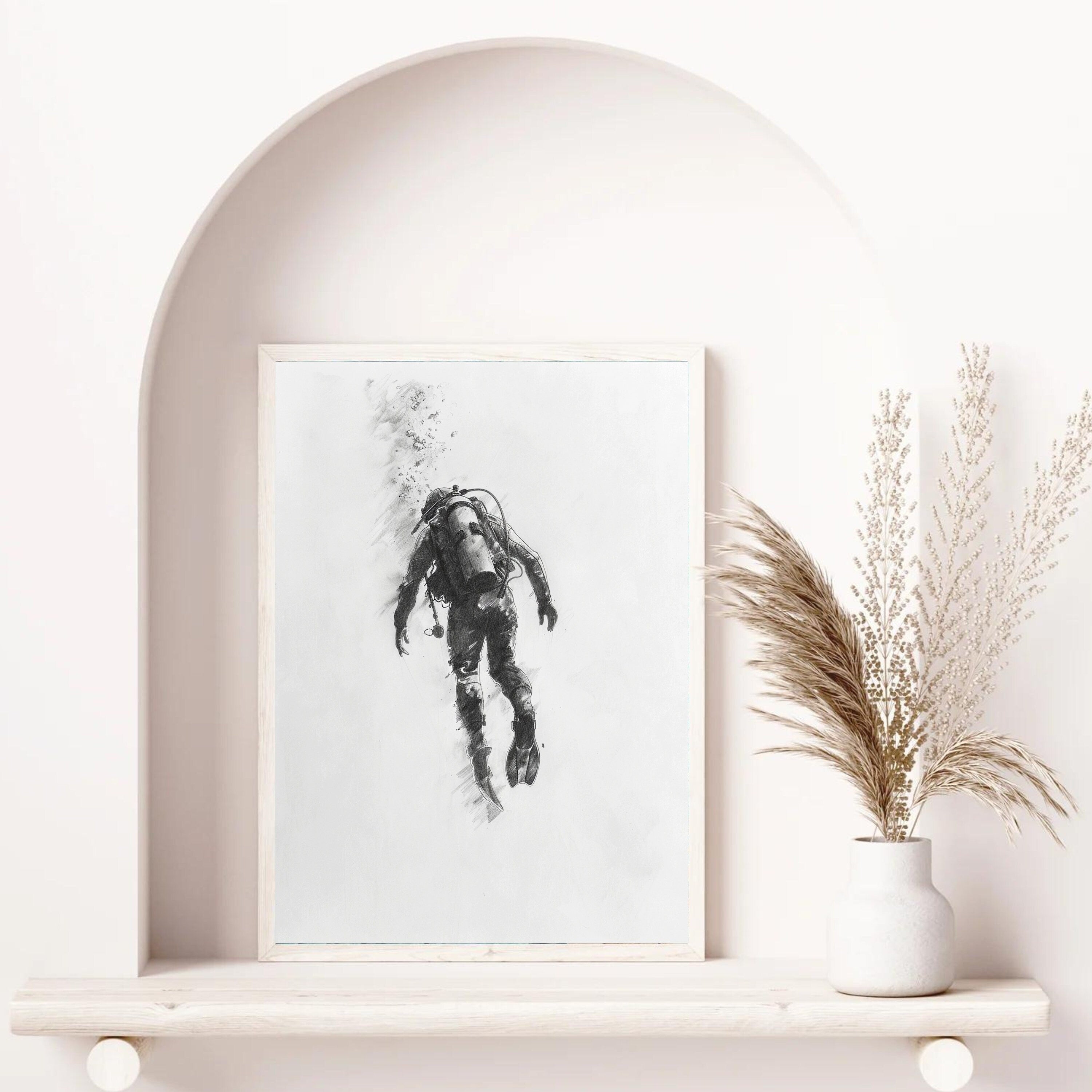 Deep Sea Diver Pencil Drawing – Minimalist Ocean Exploration Art