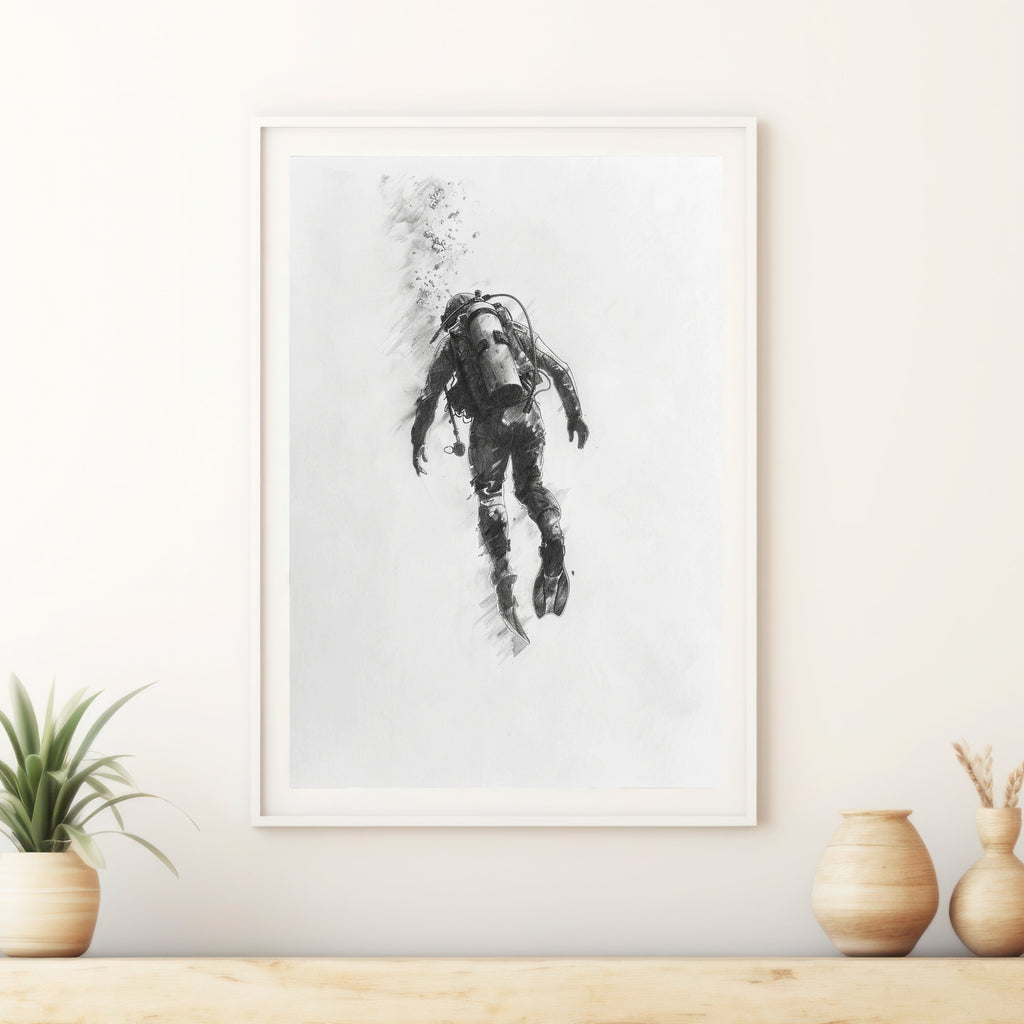 Deep Sea Diver Pencil Drawing – Minimalist Ocean Exploration Art
