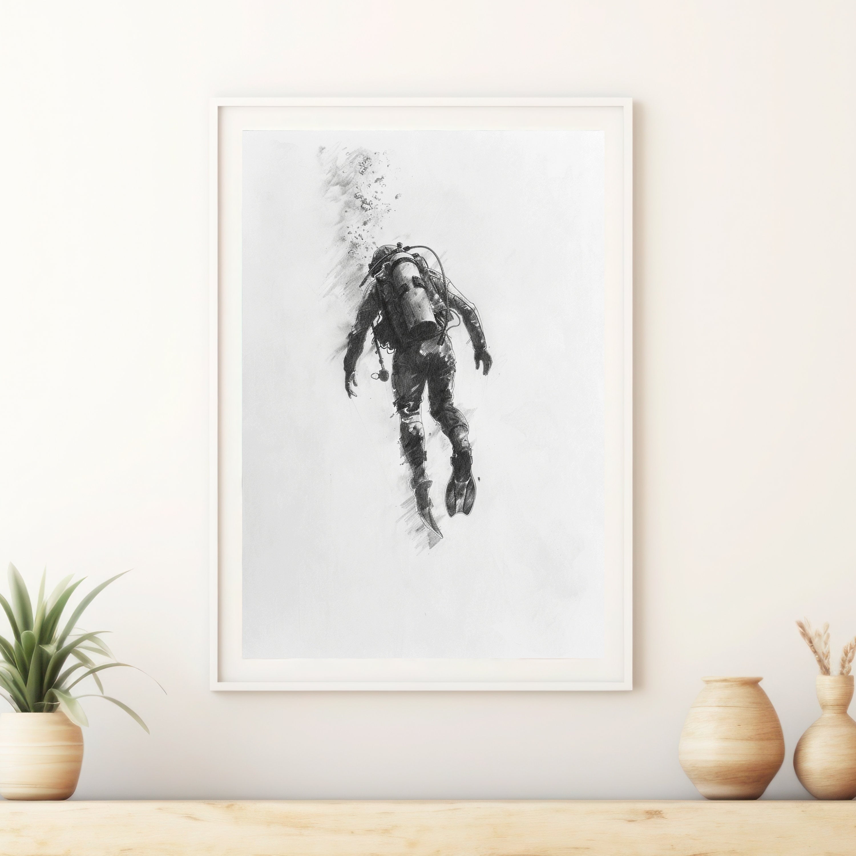 Deep Sea Diver Pencil Drawing – Minimalist Ocean Exploration Art