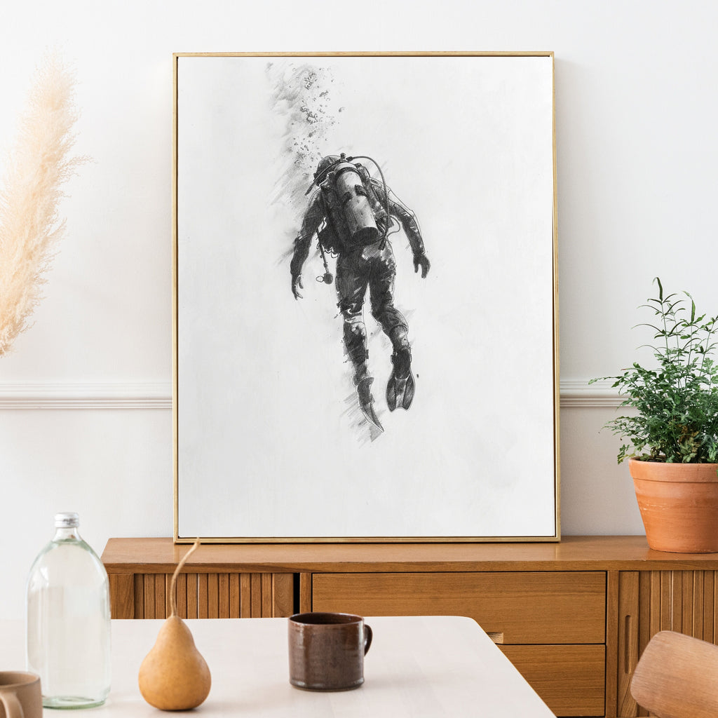 Deep Sea Diver Pencil Drawing – Minimalist Ocean Exploration Art